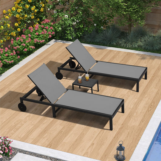 PURPLE LEAF Outdoor Chaise Lounge with Wheels and Table Set of 2 Woven 2 chairs+table Aluminum Frame Stationary Chaise Lounge Chair with Gray Woven Seat