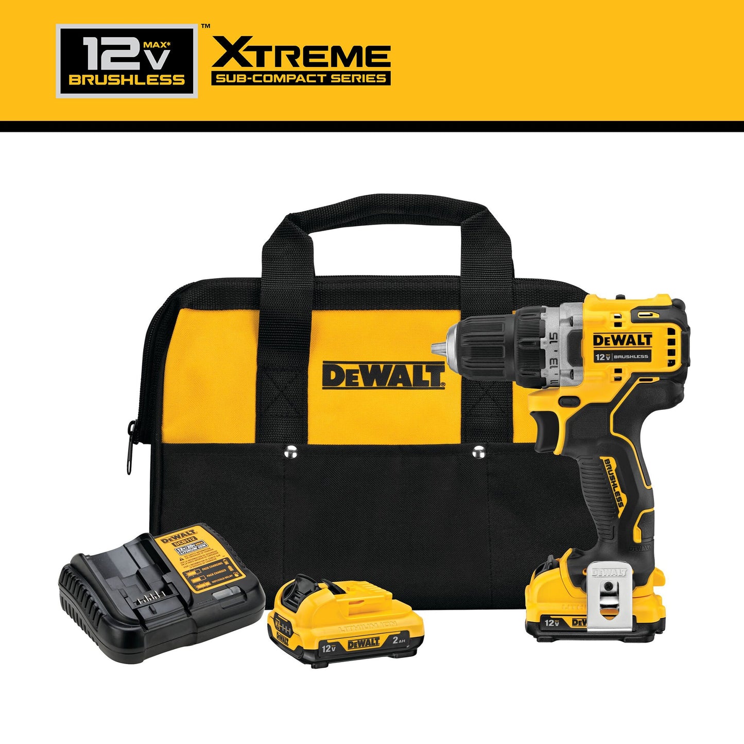 DEWALT XTREME 12-volt Max 3/8-in Keyless Brushless Cordless Drill (2-Batteries Included, Charger Included and Soft Bag included) DCD701F2