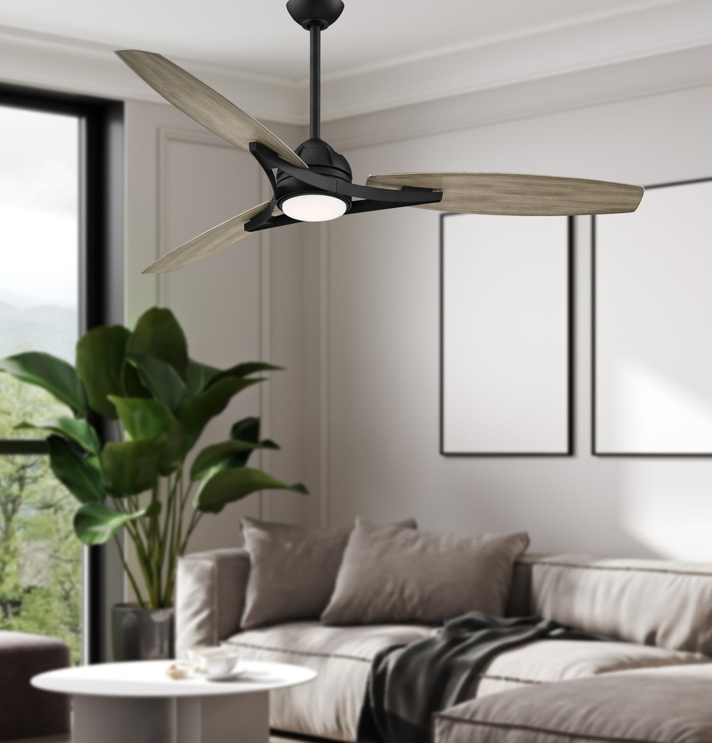 Minka Aire Molino 65-in Black with Seashore Grey Blades Integrated LED Indoor/Outdoor Smart Propeller Ceiling Fan with Light and Remote (3-Blade) F742L-CL/SG