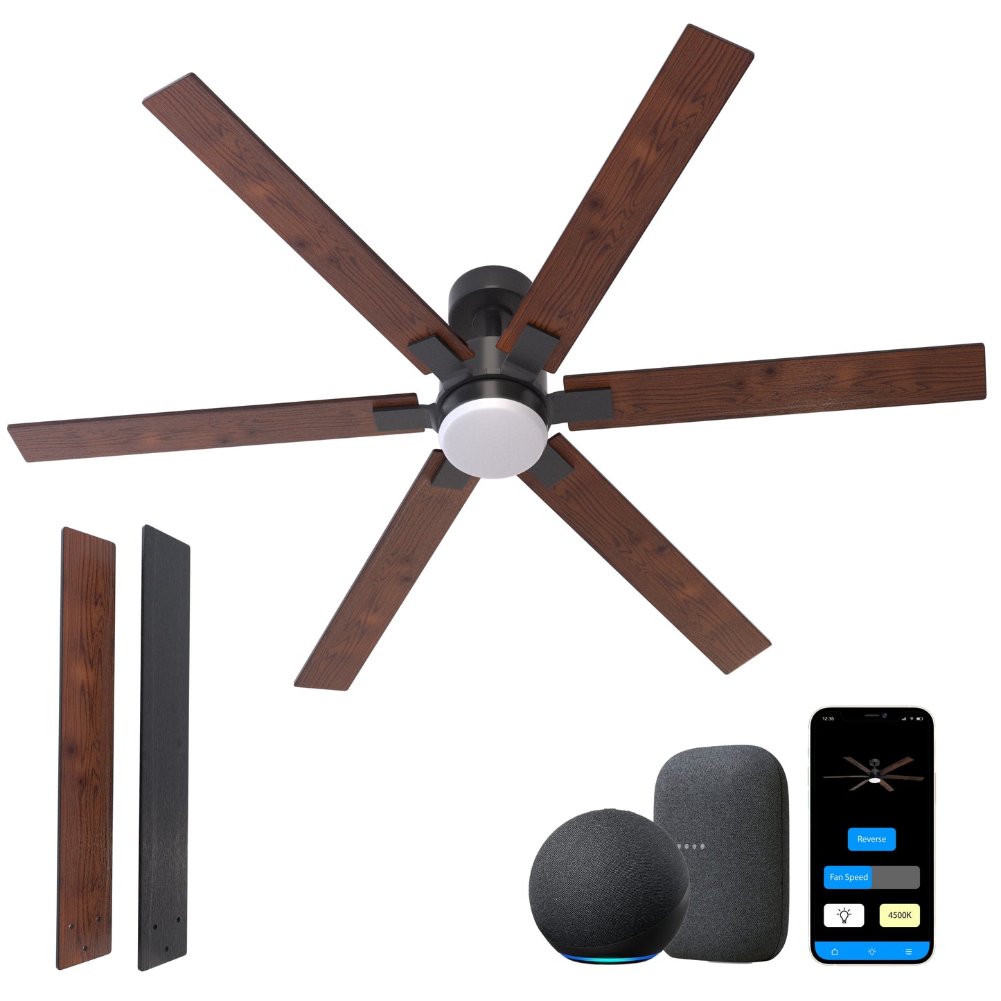 Promounts 60-in Black with Dark Brown Blades Color-changing Indoor Smart Propeller Ceiling Fan with Light (6-Blade) OHCF04-WT