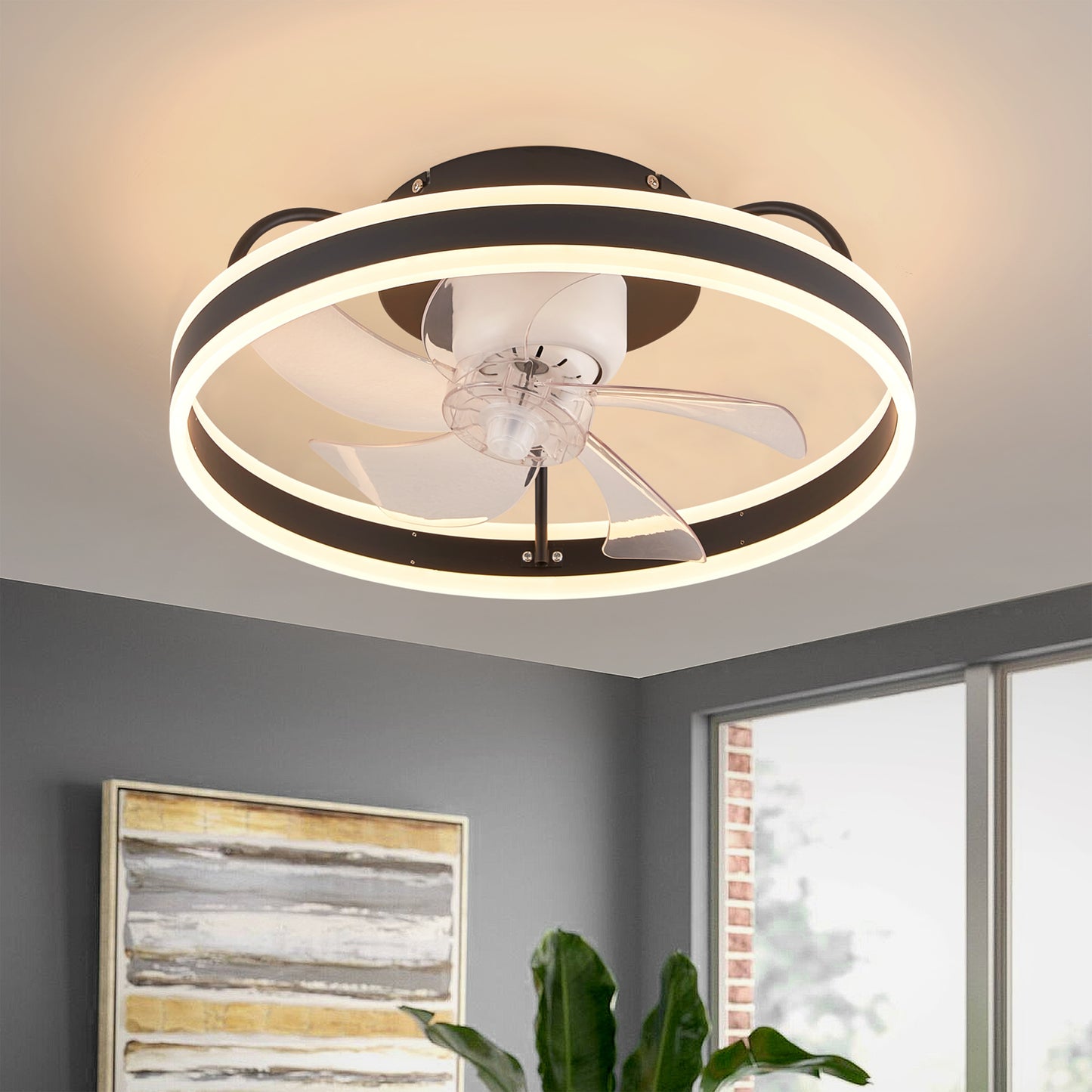 GoYeel 19.69-in Black with Abs Blades Integrated LED Indoor Flush Mount Smart Fandelier Ceiling Fan with Light and Remote (5-Blade) ZF001RBL