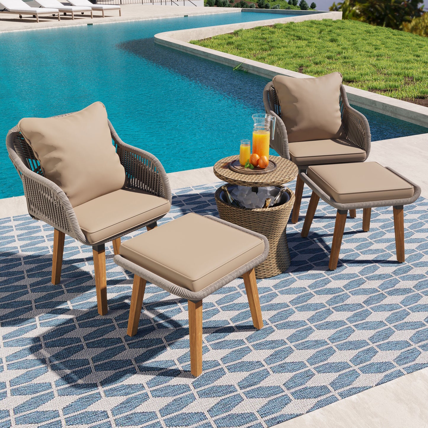 ModernLuxe 5 Pieces Patio Furniture Chair Sets, Patio Conversation Set Set of 2 Wicker Brown Wicker Frame Stationary Conversation Chair with Brown Cushioned Seat