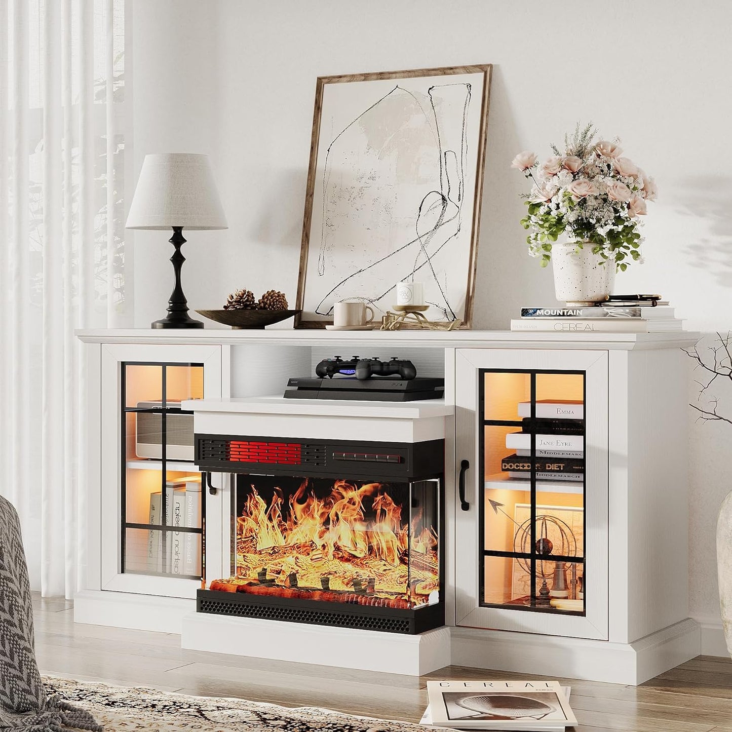 AOXUN 59-in W White TV Stand with LED Electric Fireplace H21022WH+H20022