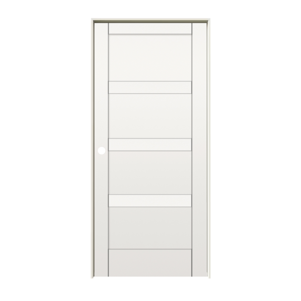 RELIABILT 30-in x 80-in Solid core 4 panel square Right hand Smooth Unfinished MDF Flat Jamb Single Prehung Interior Door