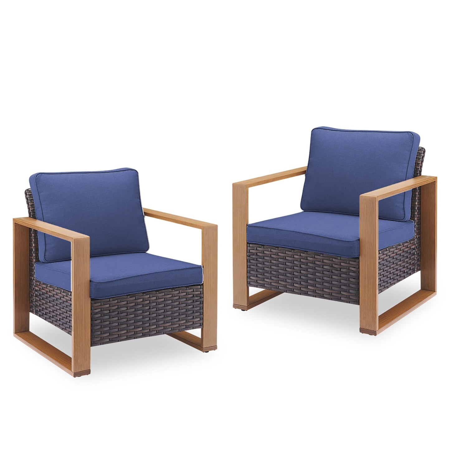 Rilyson KUANG Set of 2 Wicker Brown Wicker Frame Stationary Conversation Chair with Blue Blue Cushioned Seat
