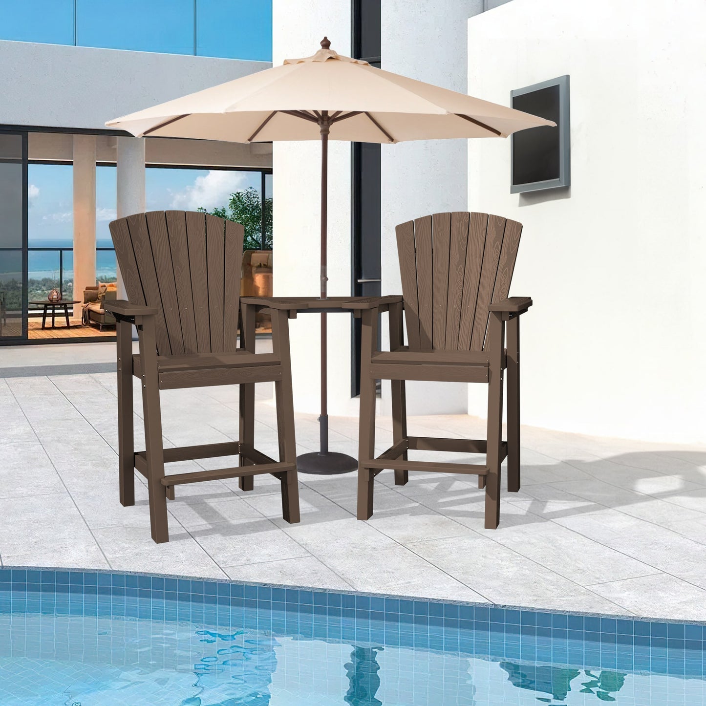VOUA Patio HDPE Tall Bar Set With Umbrella Hole Set of 2 Coffee HDPE Frame Stationary Adirondack Chair with Slat Seat