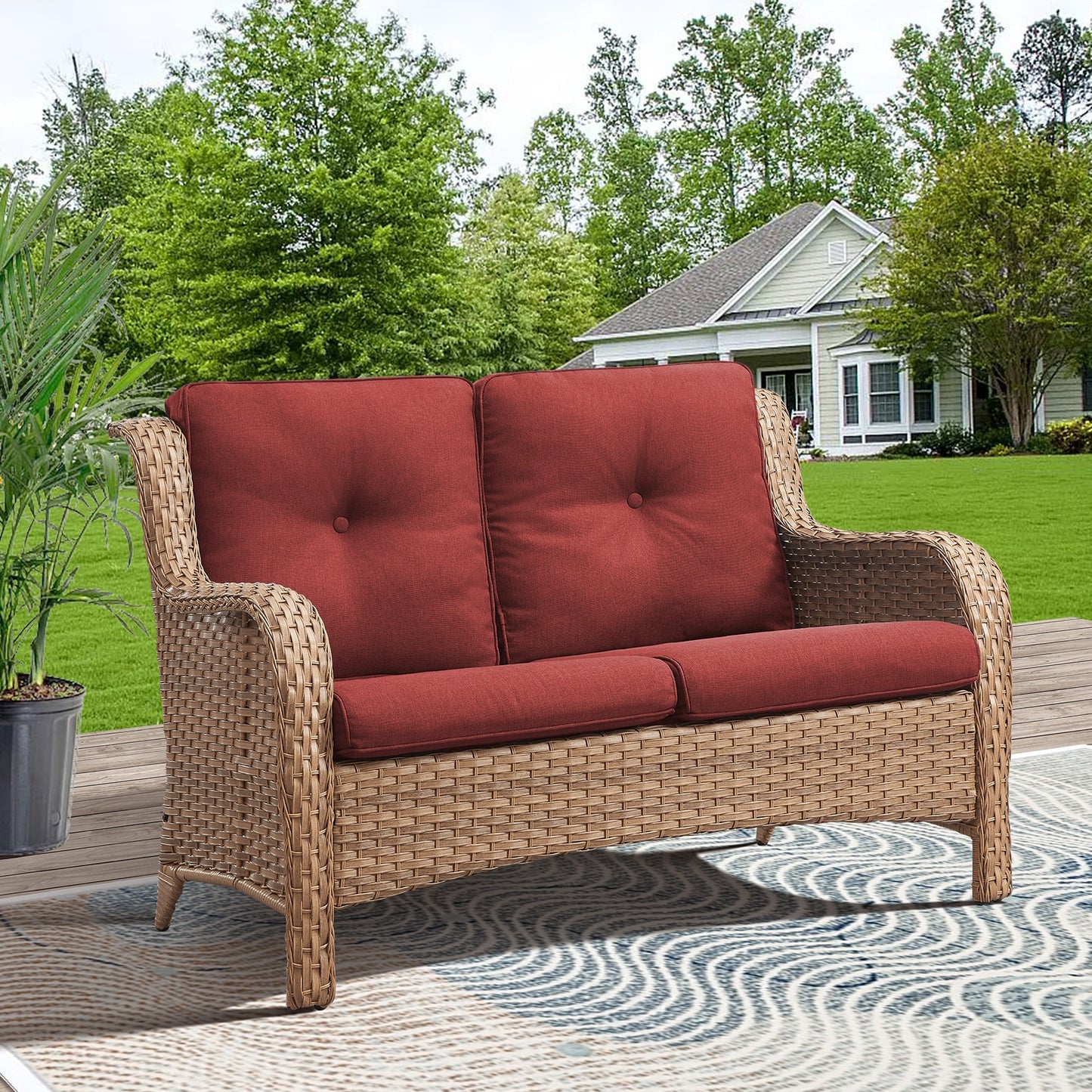 PACHAIRS-T Wicker Yellow Steel Frame Stationary Conversation Chair with Red Cushioned Seat