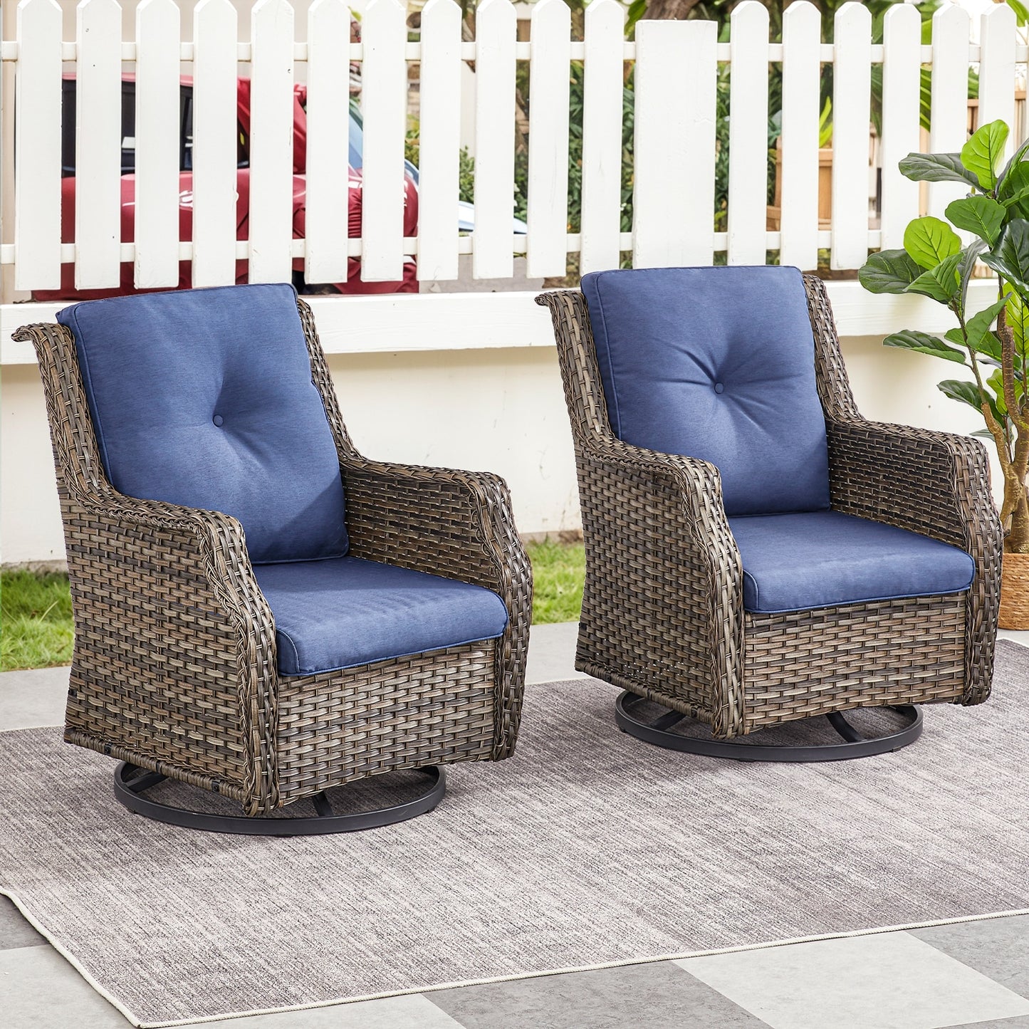 Jeehope PACHAIRS-T Set of 2 Wicker Gray Steel Frame Swivel glider Conversation Chair with Navy Cushioned Seat