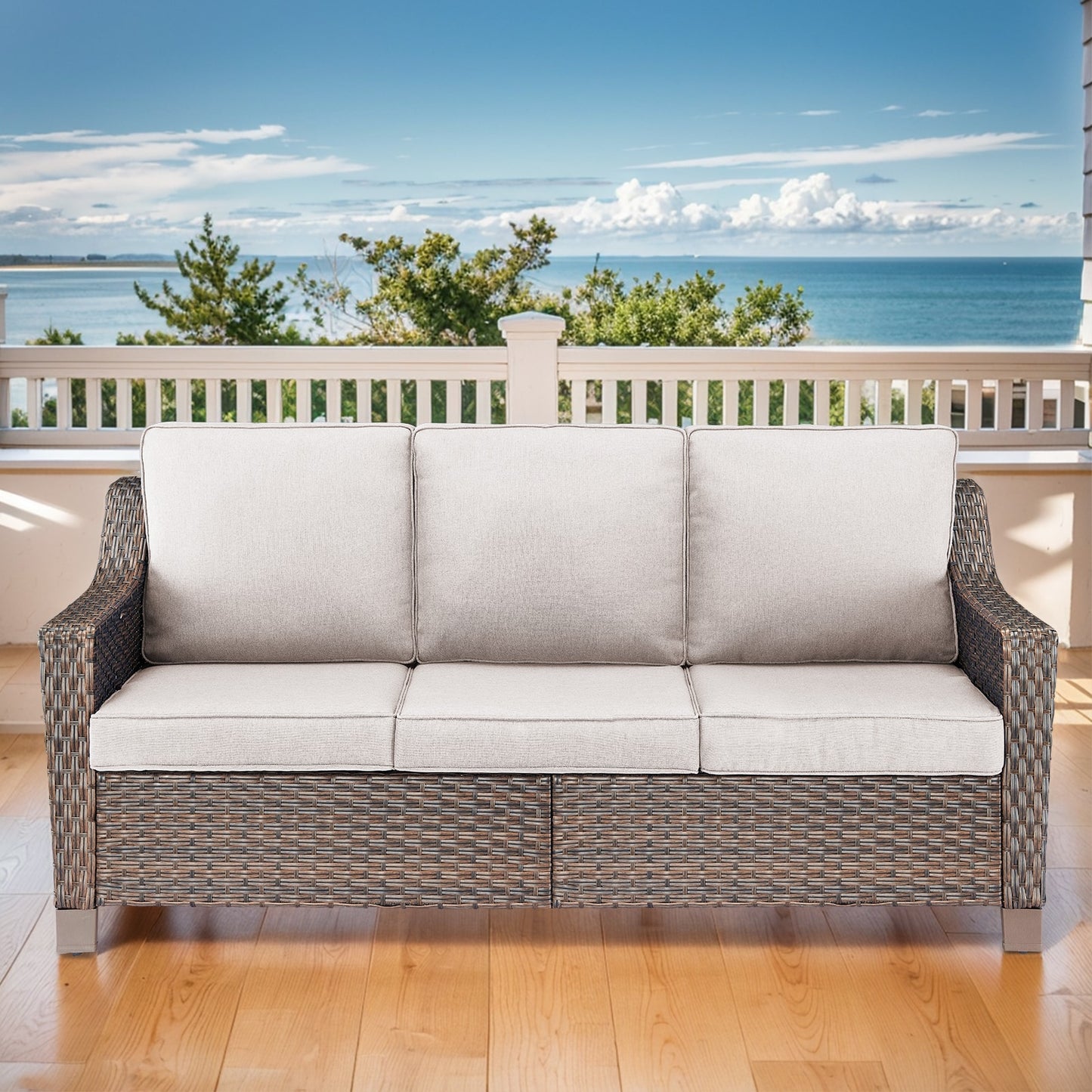 PASOFA-T Wicker Outdoor Sofa with Beige Cushions and Steel Frame