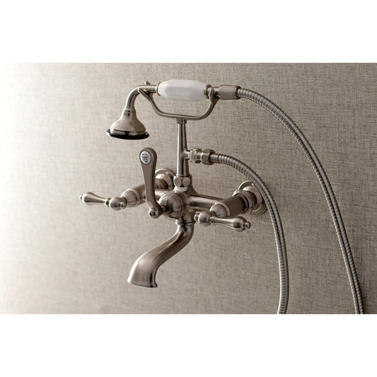 Kingston Brass Vintage Brushed nickel 3-handle Wall-mount Low-arc Bathtub Faucet with Hand Shower ( Valve Included )