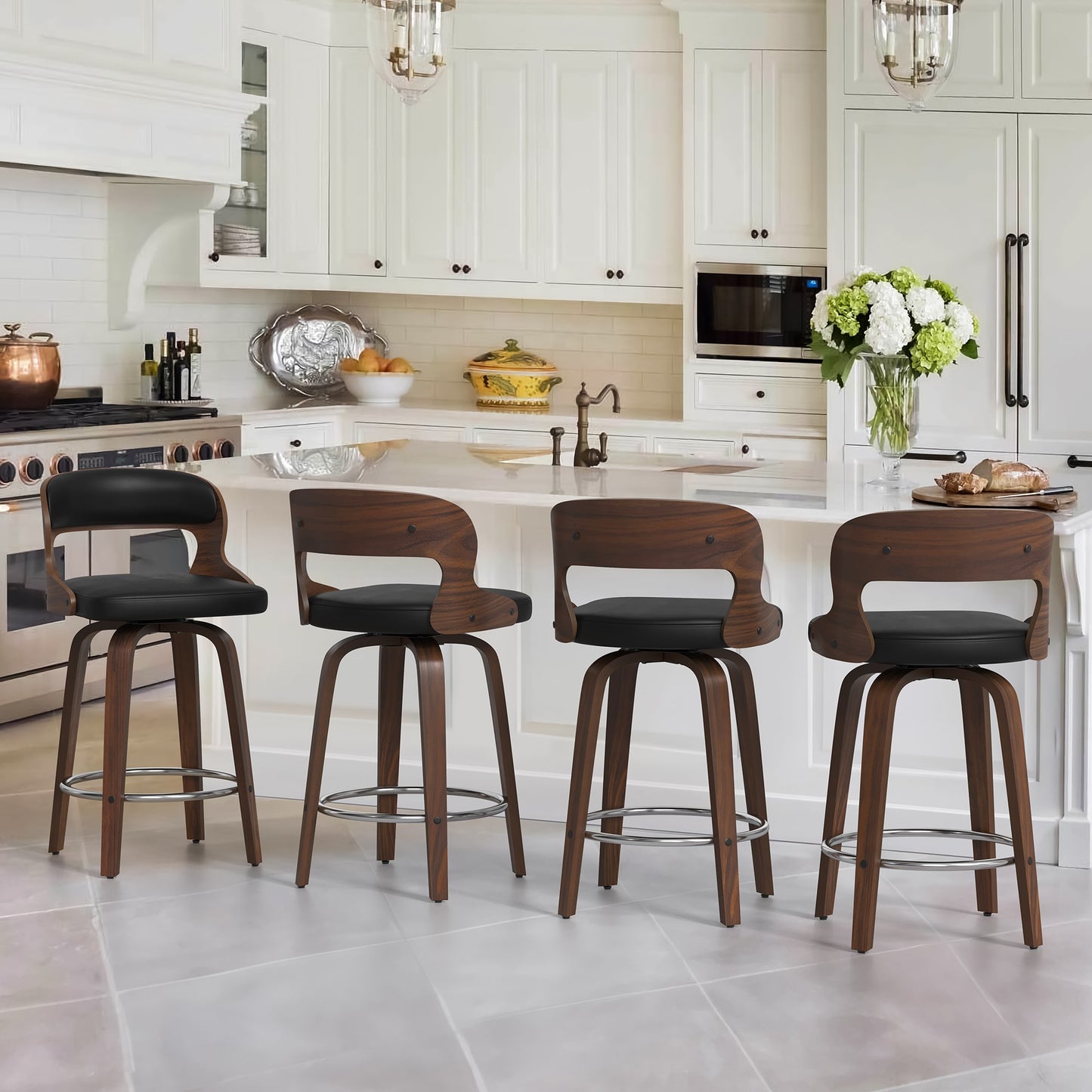 LUE BONA Black/Faux leather 26-in H Counter height Upholstered Swivel Wood Bar Stool 4 -Pack