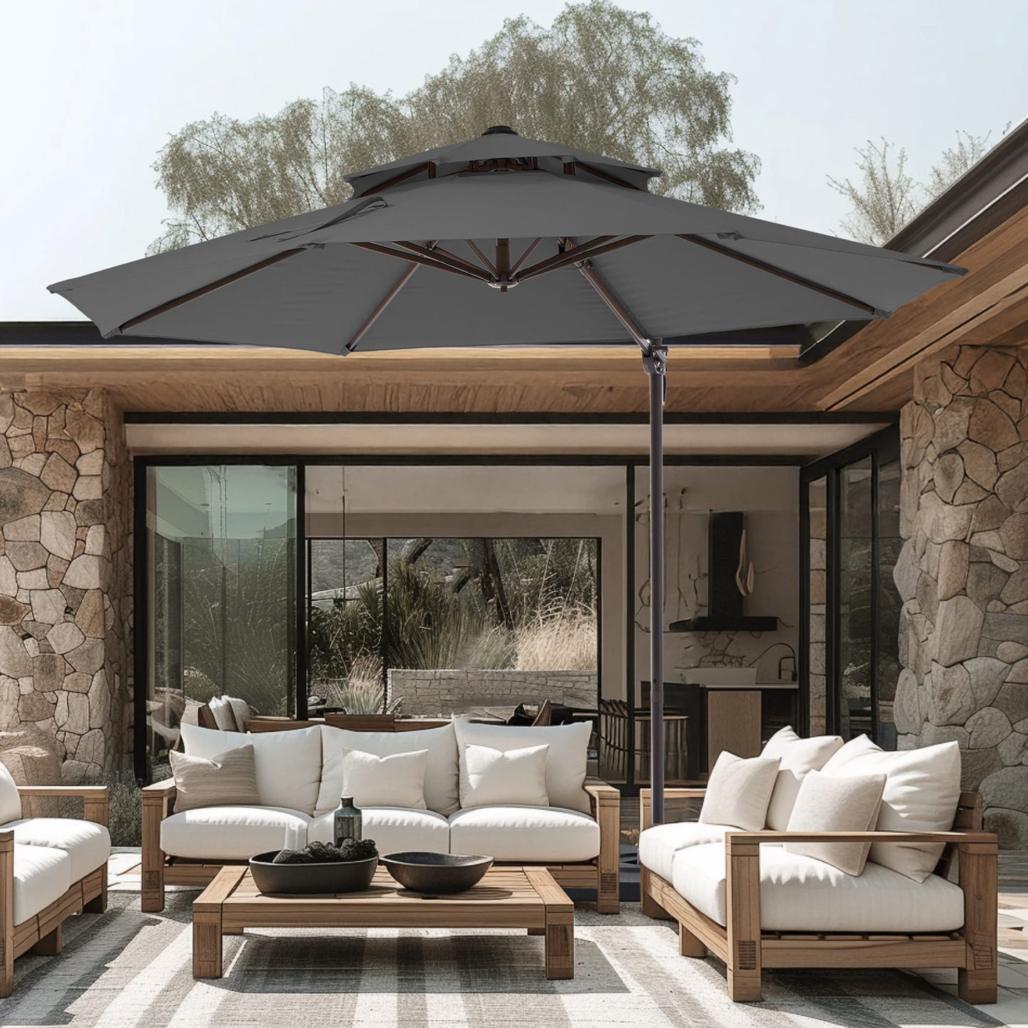 VOUA 13-ft Aluminum Gray Crank Cantilever Patio Umbrella