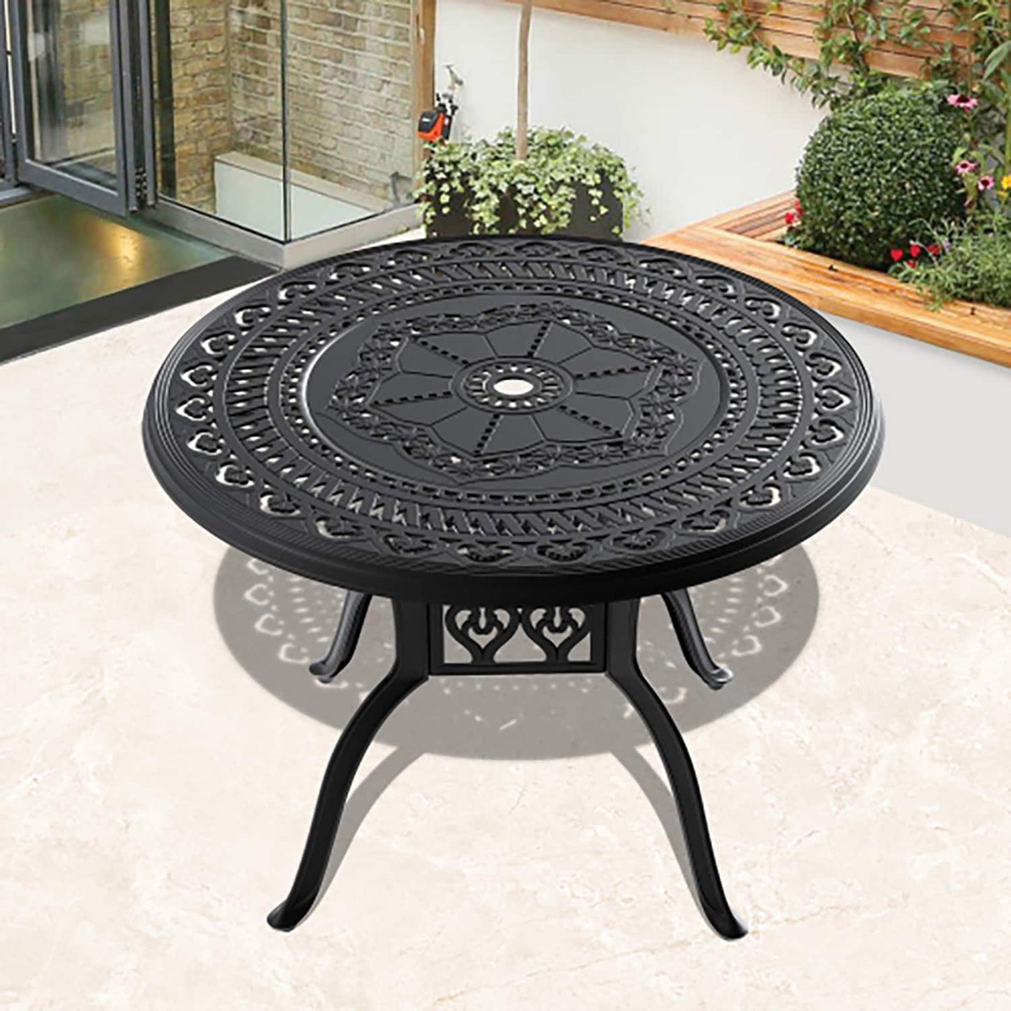 GZMR 39.37-inch Cast Aluminum Patio Dining Table Round Outdoor Dining Table 39.37-in W x 39.37-in L with Umbrella Hole