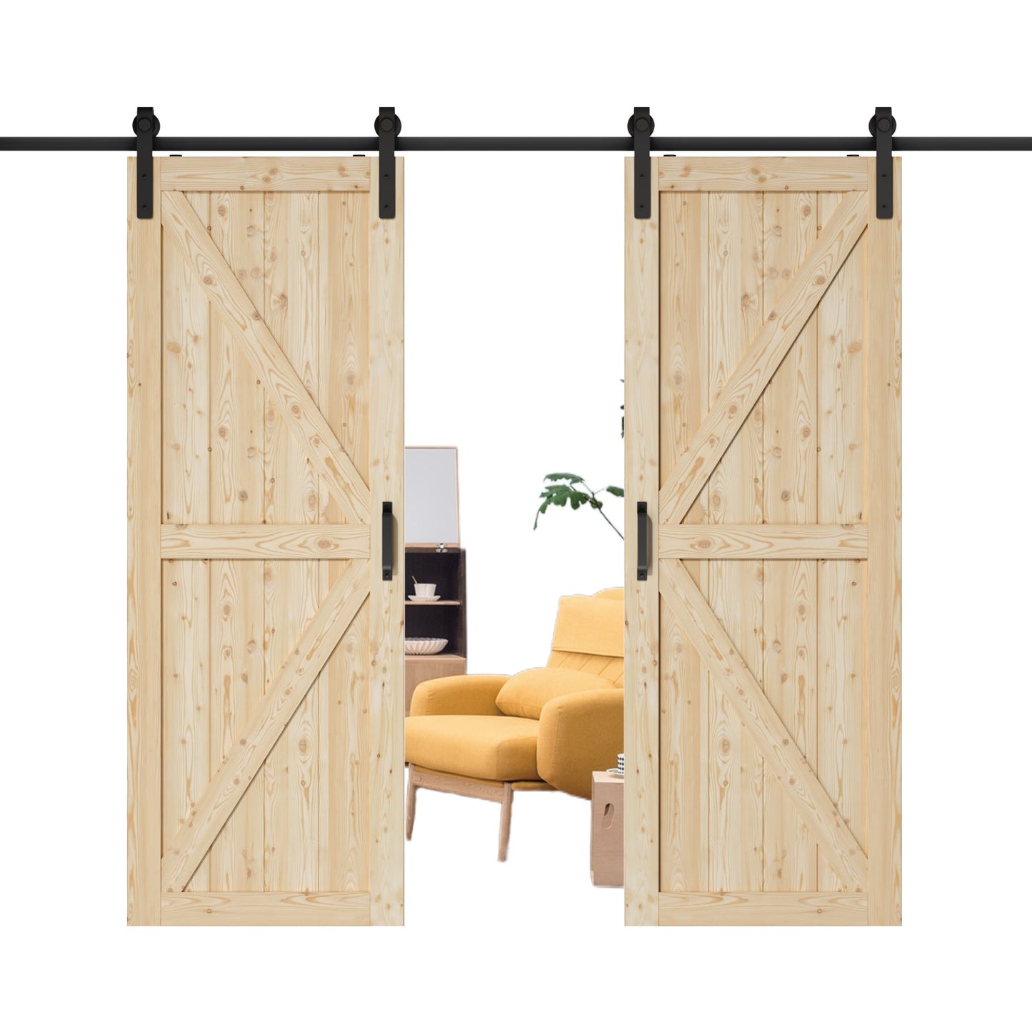 JUJUBON 60-in x 84-in natural Unfinished K-frame Pine Wood Solid core Double Barn Door (Hardware Included)