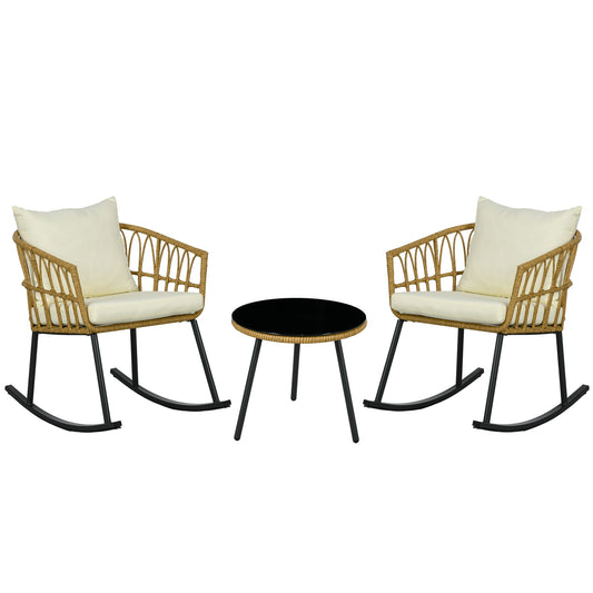 Damerin Patio Chairs Set of 2 Wicker Cream White Wicker Frame Stationary Rocking Chair with Off-white Woven Seat