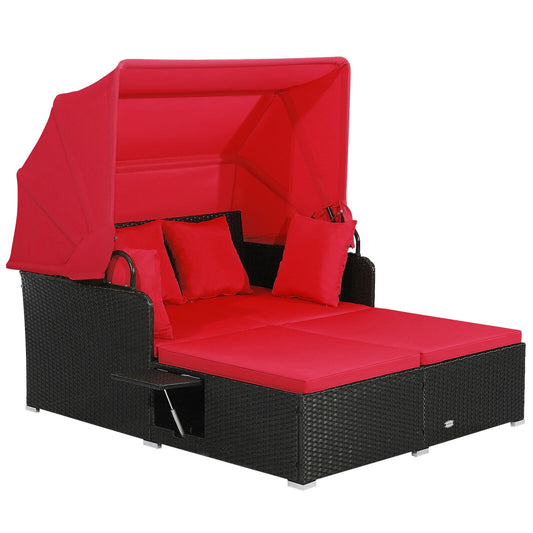 Ayelon Patio Rattan Daybed Wicker Outdoor Daybed with Red Cushions and Iron Frame
