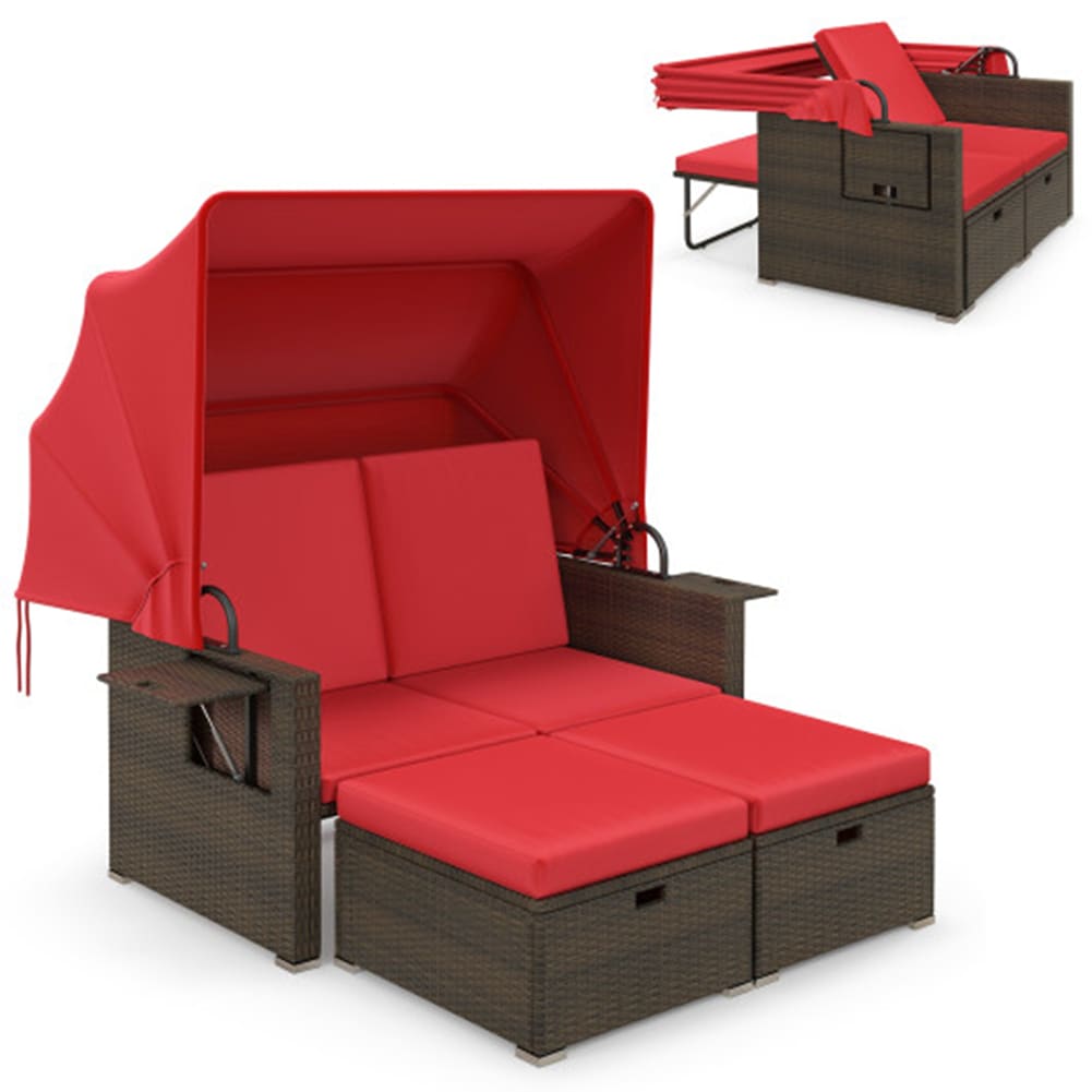 LIVIZA Jovial Rattan Outdoor Daybed with Red Cushions and Rattan Frame
