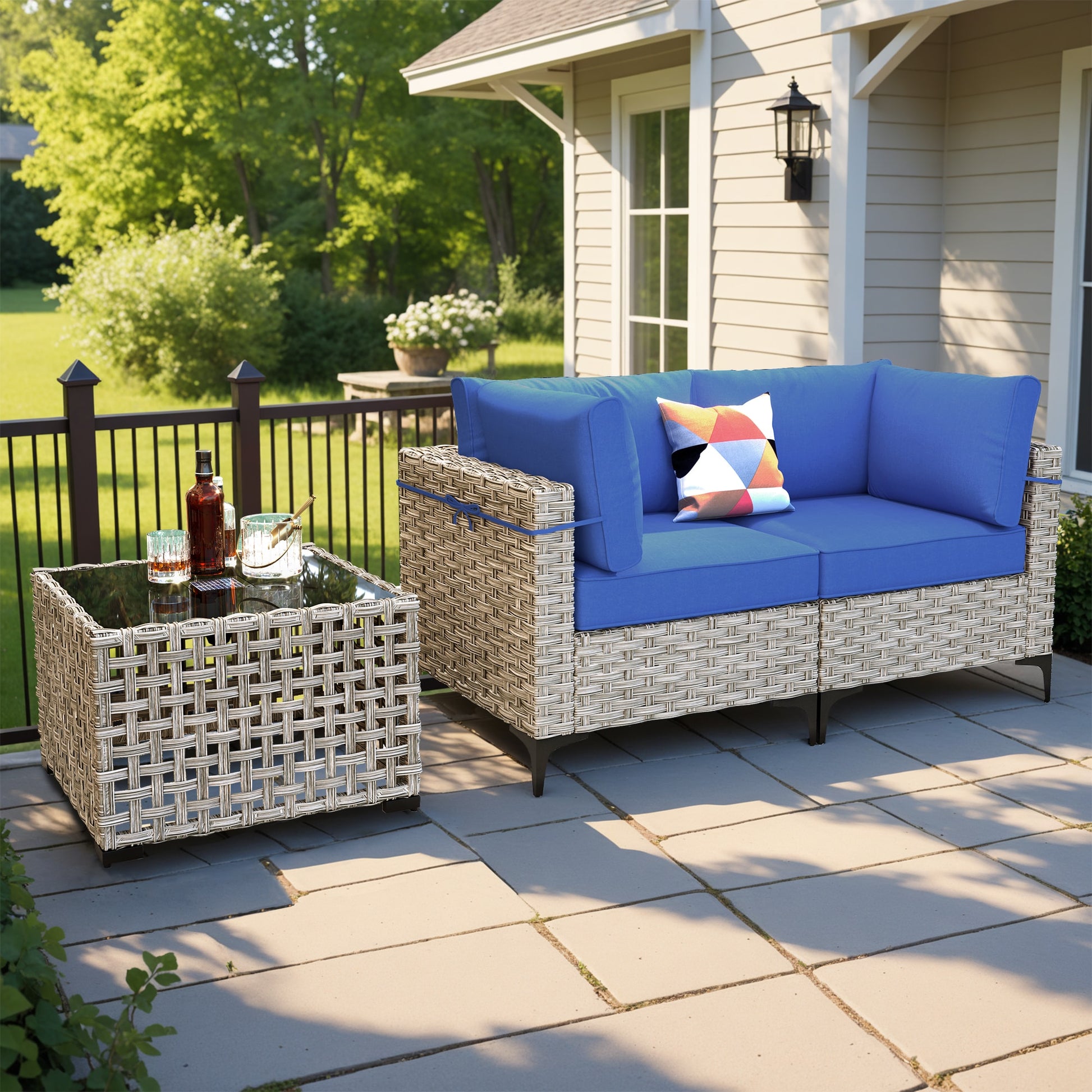 ALTRIGUS 3 -Piece Wicker Patio Sofa Conversation Set with Navy Cushions