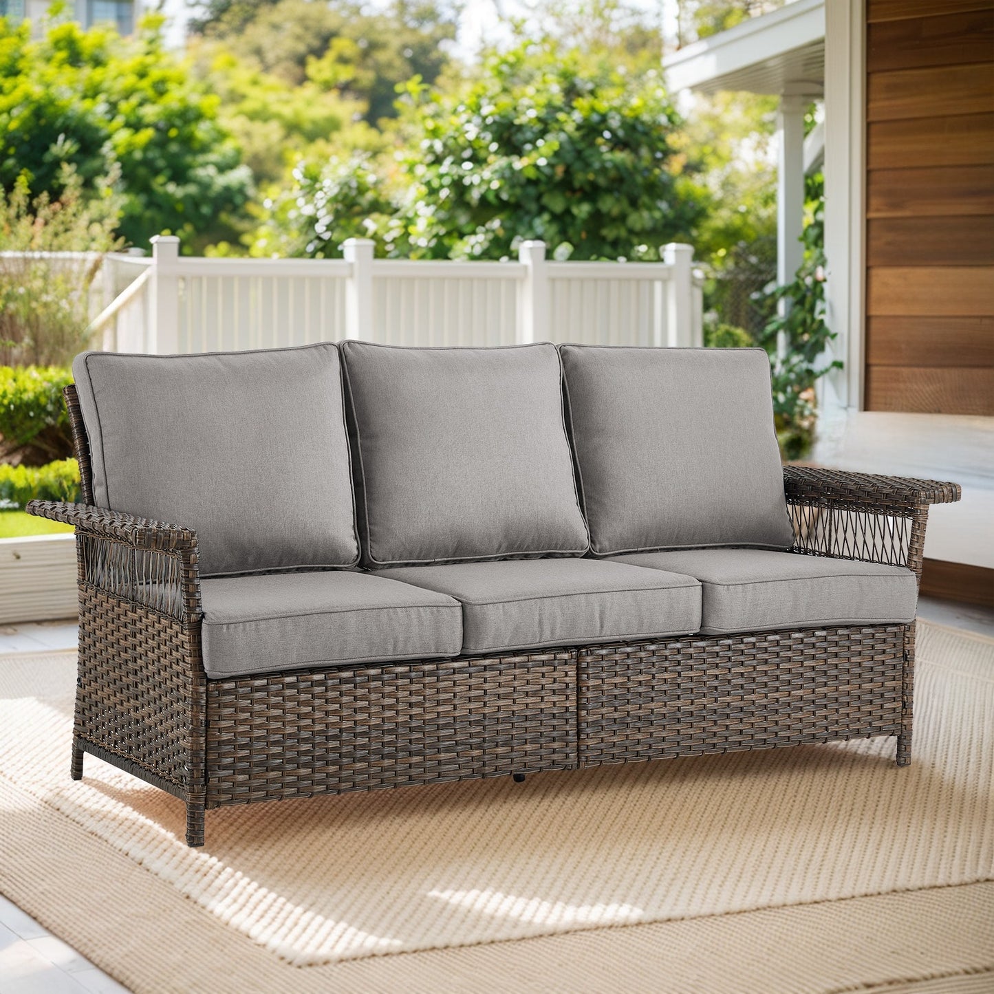 PAnorama Series Wicker Outdoor Sofa with Gray Cushions and Steel Frame