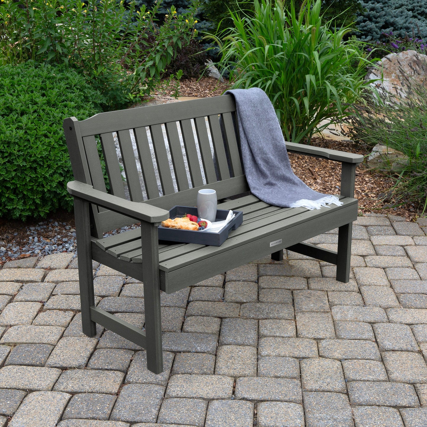 highwood Lehigh 50.1-in W x 34.7-in H Coastal Teak Plastic Garden Bench