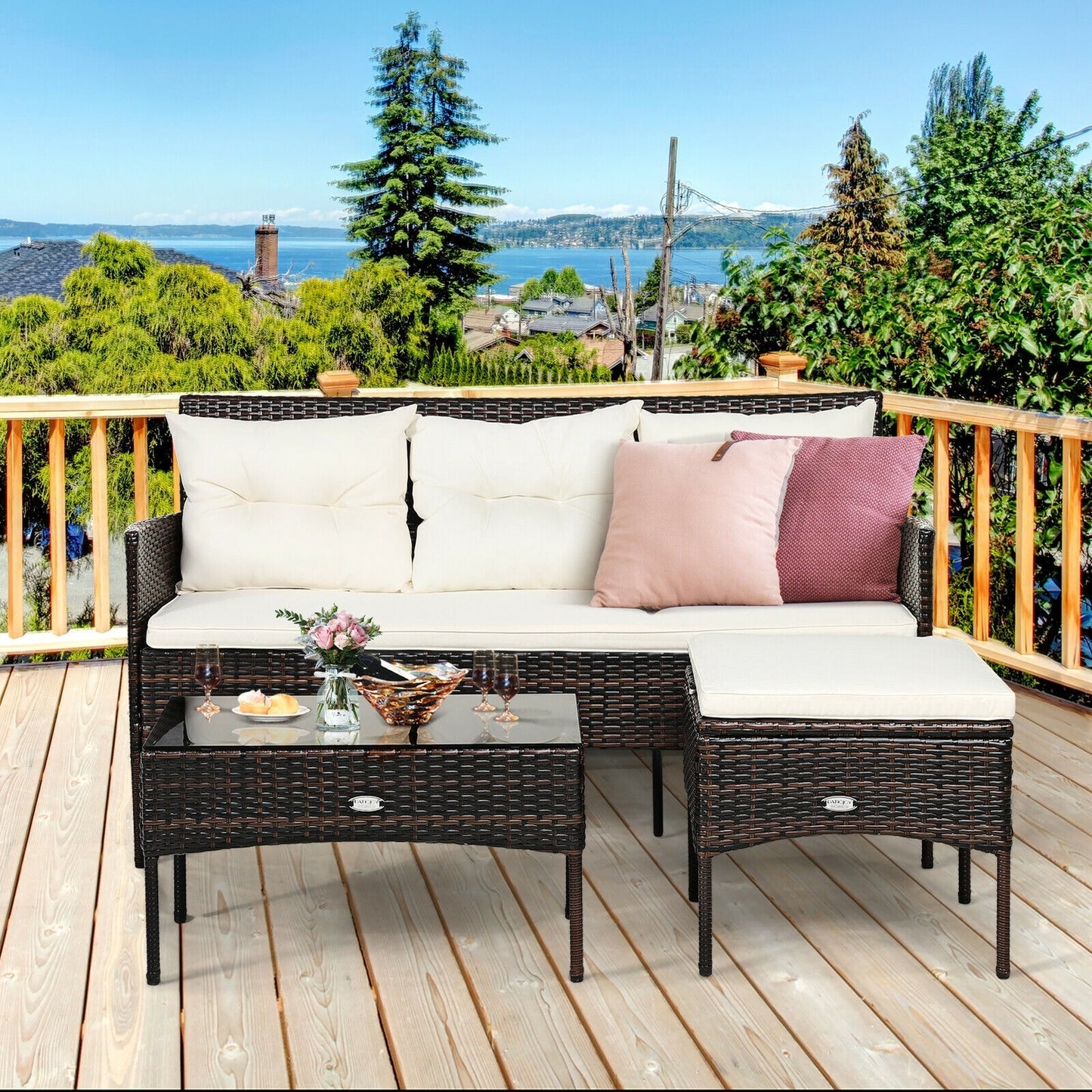 Forclover Patio Conversation Sets 3 -Piece Rattan Patio Sofa Conversation Set with White Cushions