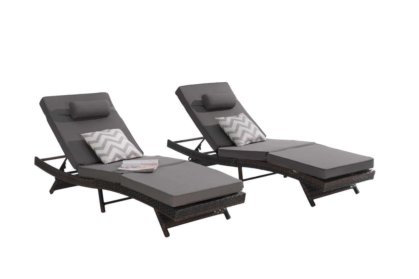 Maocao Hoom Set of 2 Rattan Grey Metal Frame Stationary Chaise Lounge Chair with Gray Cushioned Seat