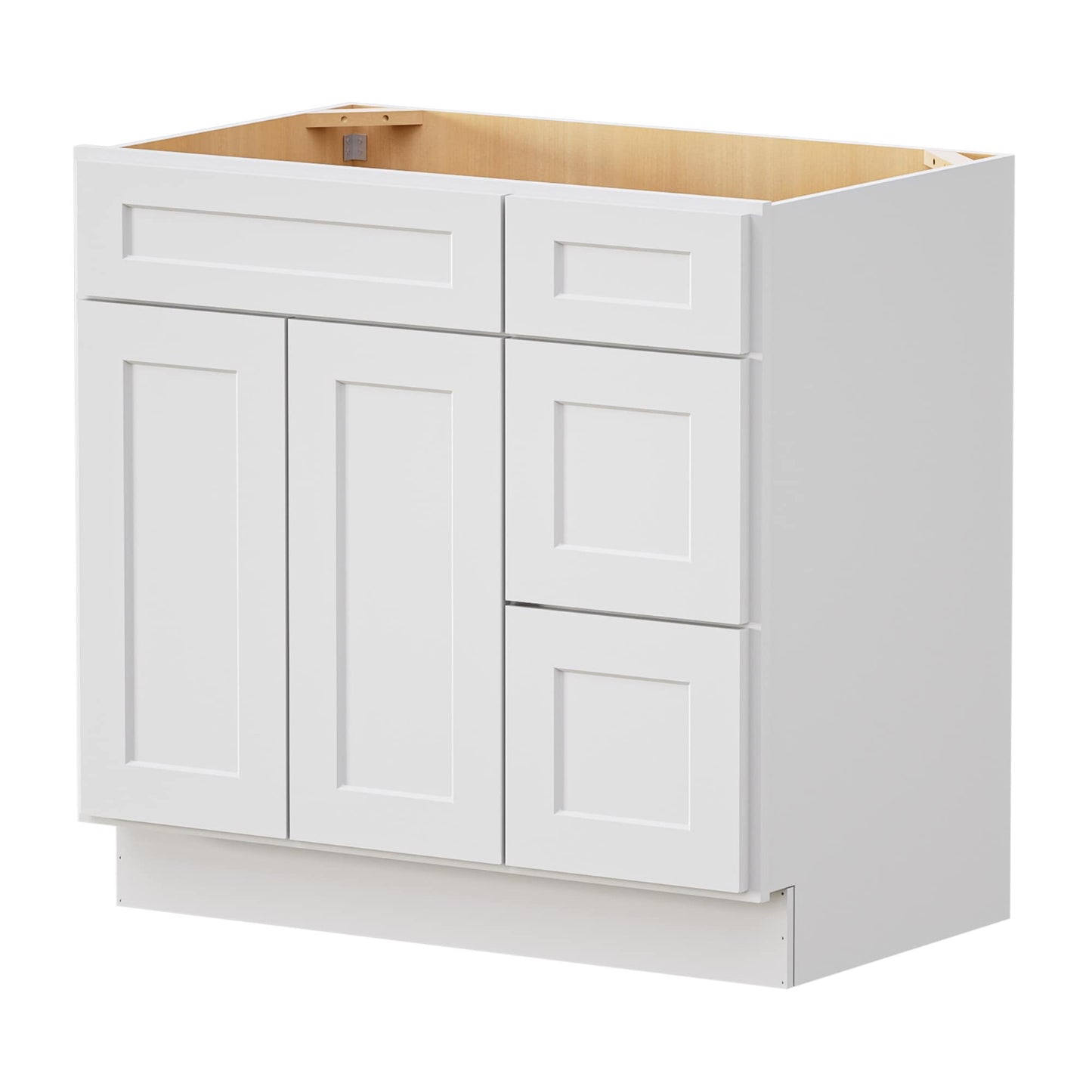 LOVMOR 36 in. W x 21 in. D x 34.5 in. H Plywood Bathroom Vanity Base Cabinet without Top with 3 Right Drawers in Shaker Dove