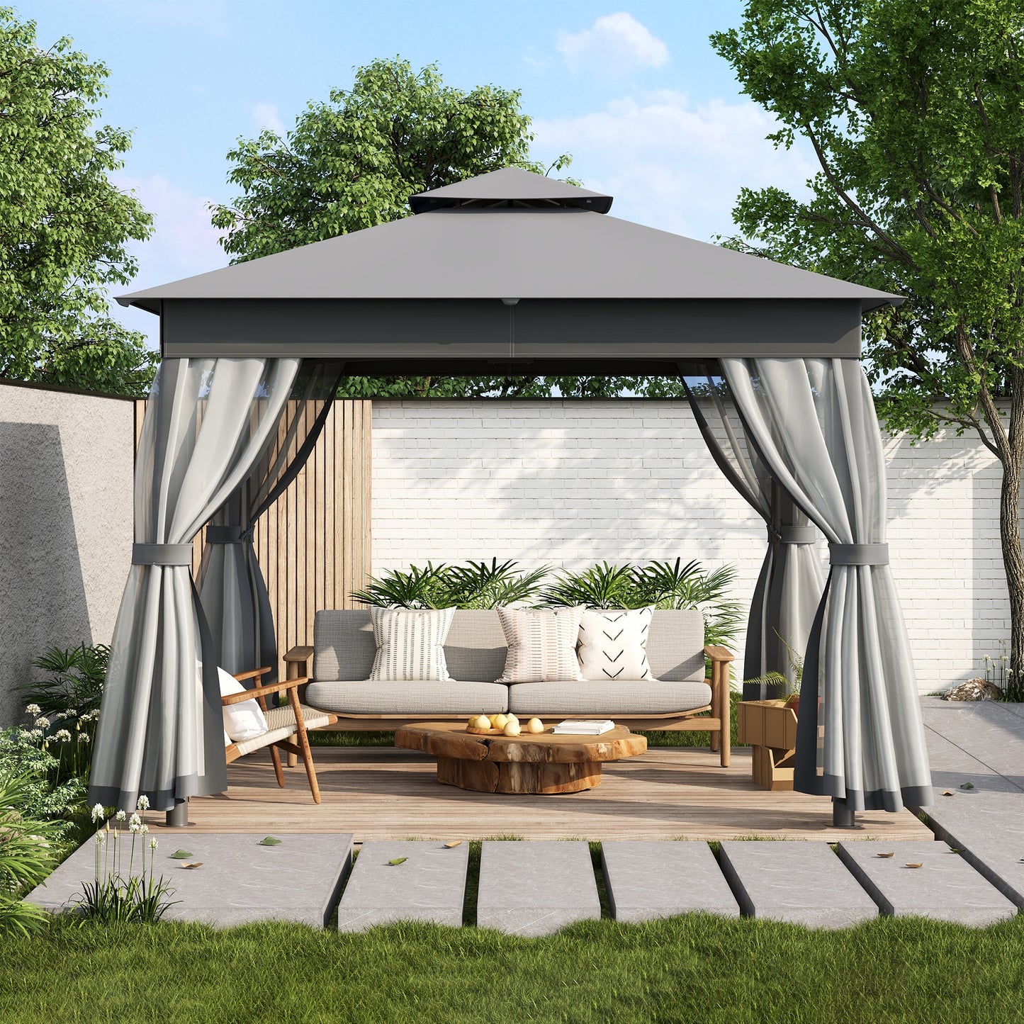 CESICIA 10-ft x 10-ft Gazebos Grey Gazebo with Soft Top Roof (Screen Included)