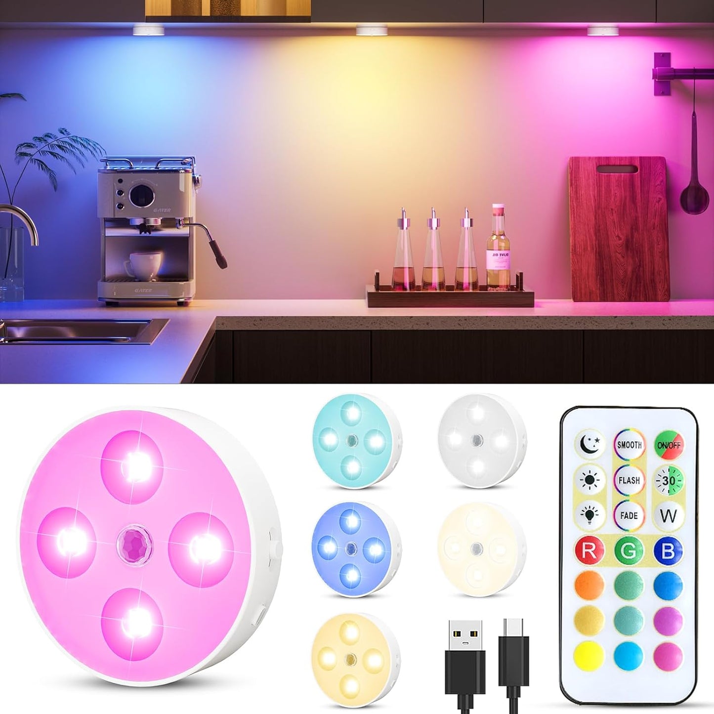 Puck Lights with Remote, Rechargeable 1500mAh Motion Sensor Night Lights, 13 RGB Colors, Dimmable LED Under Cabinet Lighting, Magnetic Stick-On Lights for Closet, Kitchen, Stairs, Counter, 6 Pack