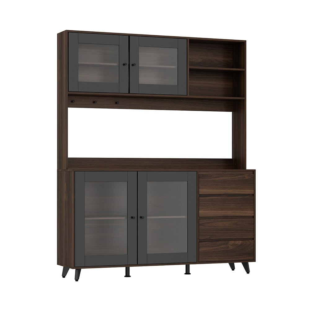Homsee Kitchen Pantry Cabinet with Glass Doors Drawers Microwave Shelf and Hanging Hooks in Black and Dark Brown