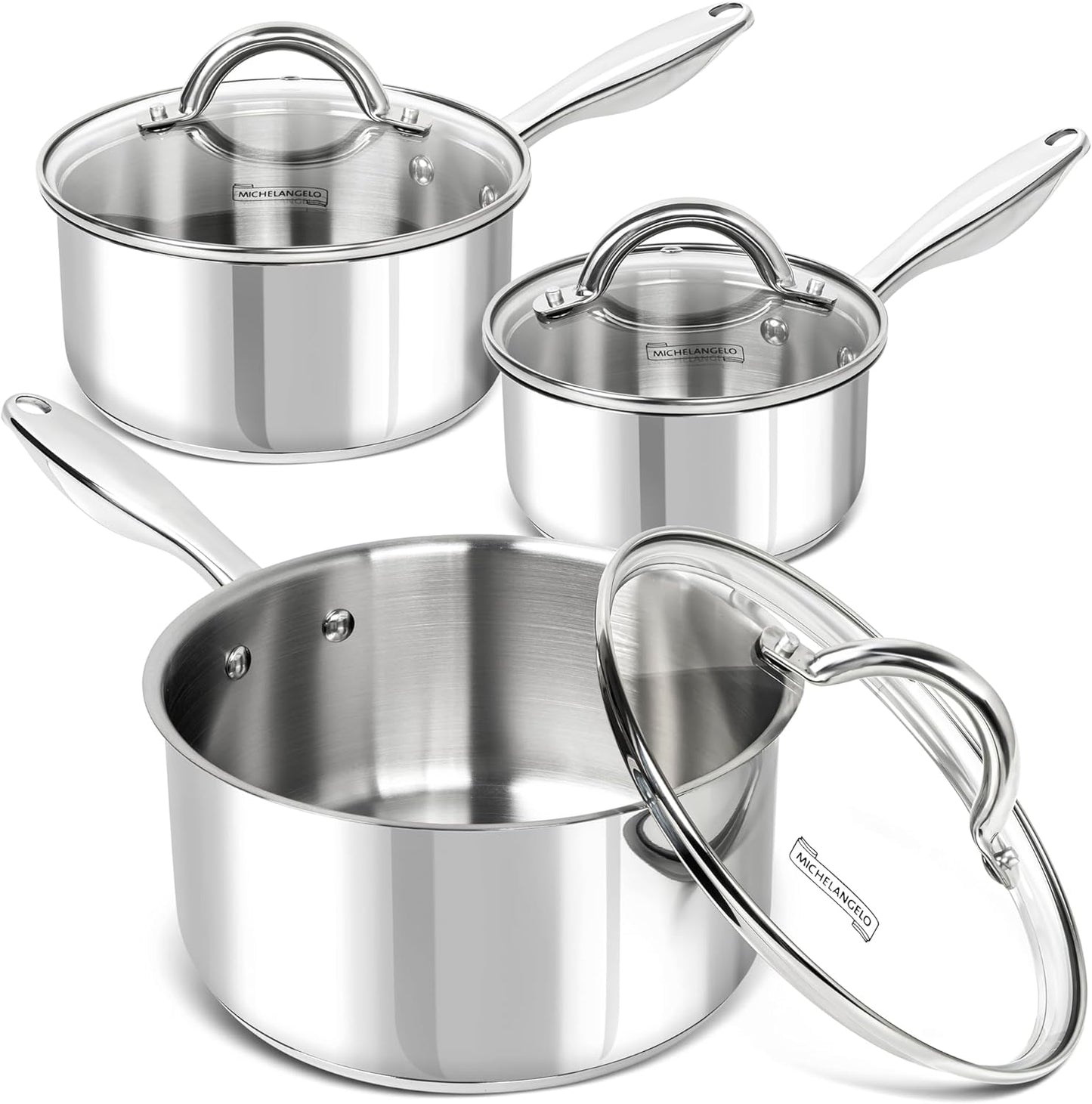 MICHELANGELO Saucepan Set 6pc, 18\/10 Stainless Steel Sauce Pan with Lid, Tri-Ply Bottom Sauce Pot Set, Nonstick Saucepan, Induction Compatible, 1QT & 2QT &3QT