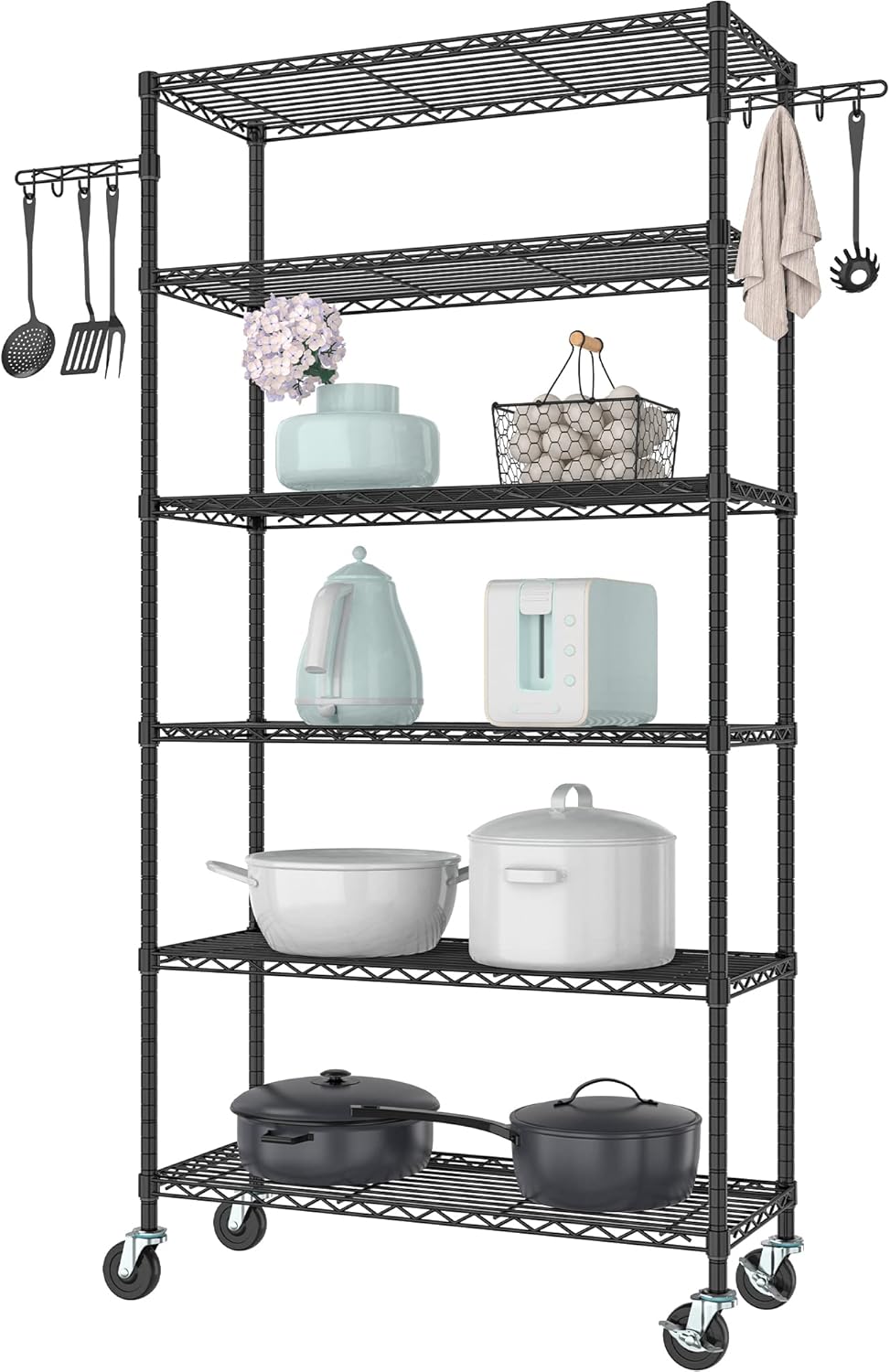 Metal Storage Shelves with Wheels, 6-Tier Rolling Shelf Adjustable Wire Shelves for Storage Wire Shelving Unit Metal Shelving Rack with Wheels for Kitchen Garage Pantry, Black(14D x 36W x 75H)