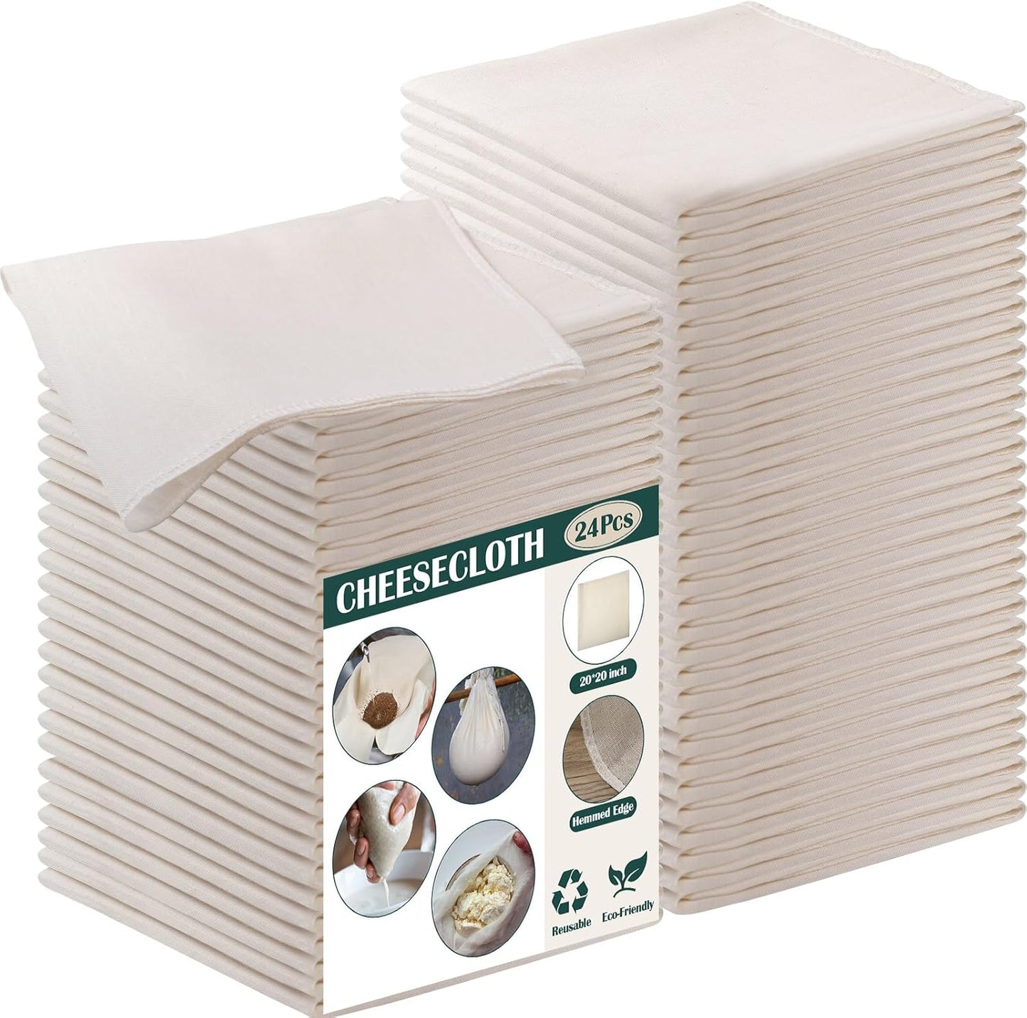 Reginary 48 Pcs 20 x 20 Inches Cheese Cloths Bulk, Grade 100, Hemmed Cheesecloth for Straining Unbleached Cotton Muslin Cloth Reusable for Cooking Baking Juicing Cheese Making