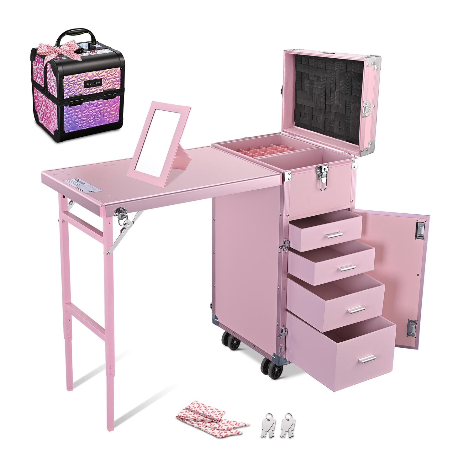 Yescom Byootique Rolling Nail Table Kit w/ Makeup Case Cosmetic Organizer Aluminum Pink