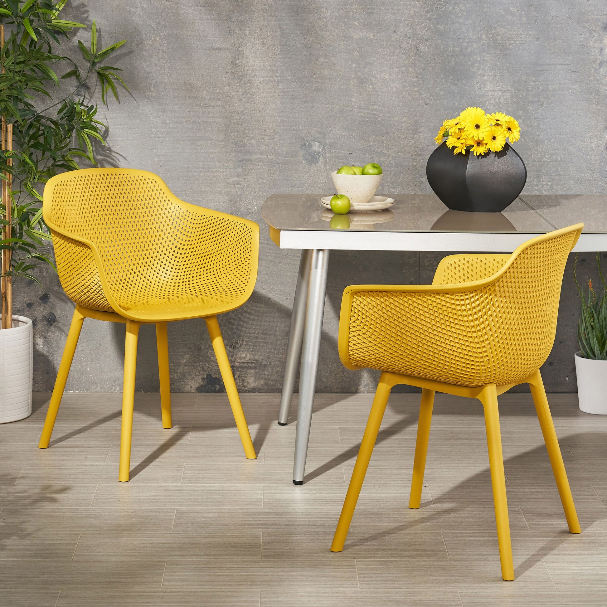 ModernLuxe LOTUS CHAIR Set of 2 Yellow Polyethylene Frame Stationary Conversation Chair with Solid Seat