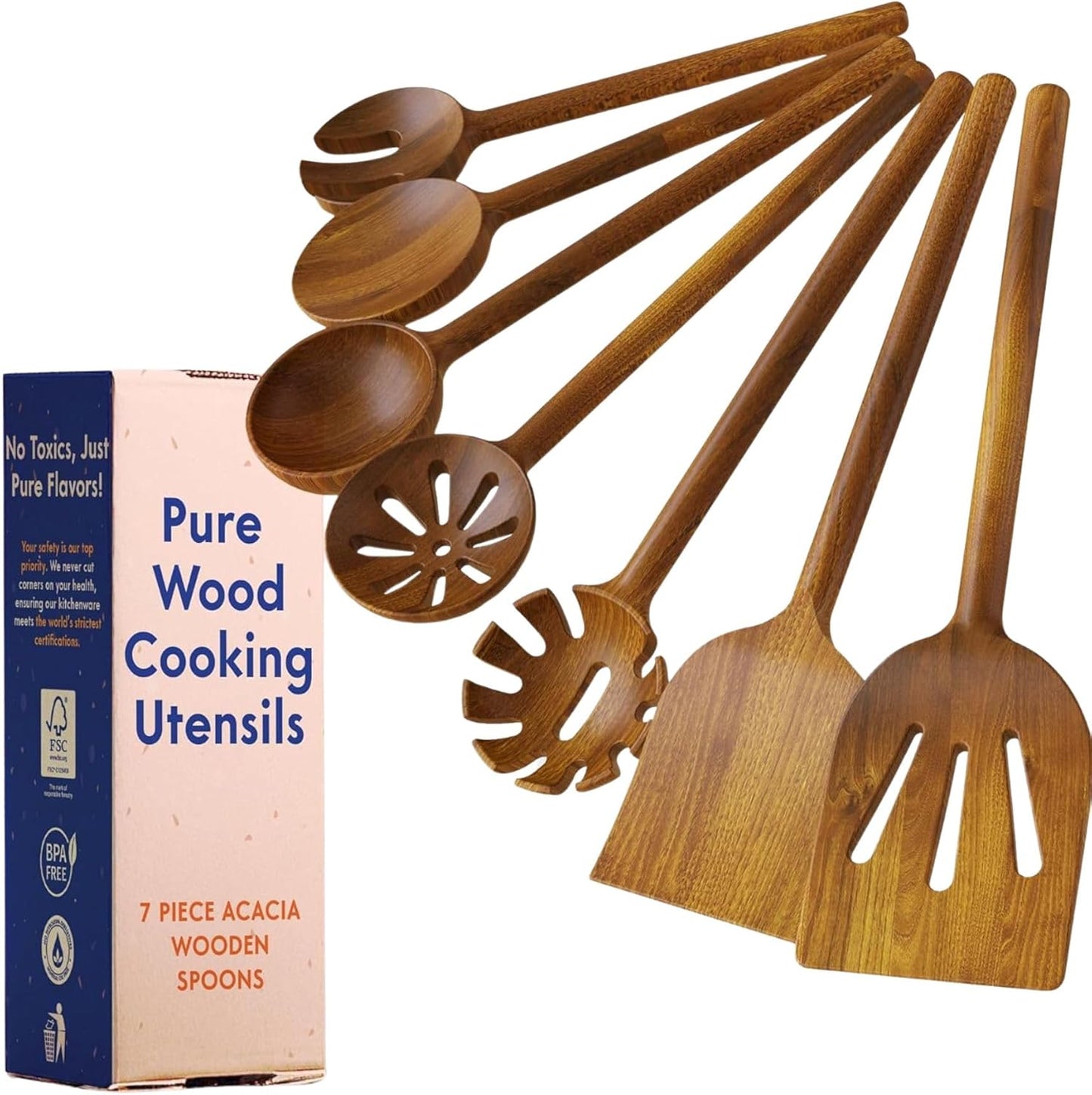 Non-Toxic Wooden Spoons for Cookingโ 7-Piece Kitchen Utensils Set, Glue-Free & One-Piece Cooking Utensils, Natural Wooden Utensil Set with Plant-Based Finish, Free of Forever Chemicals