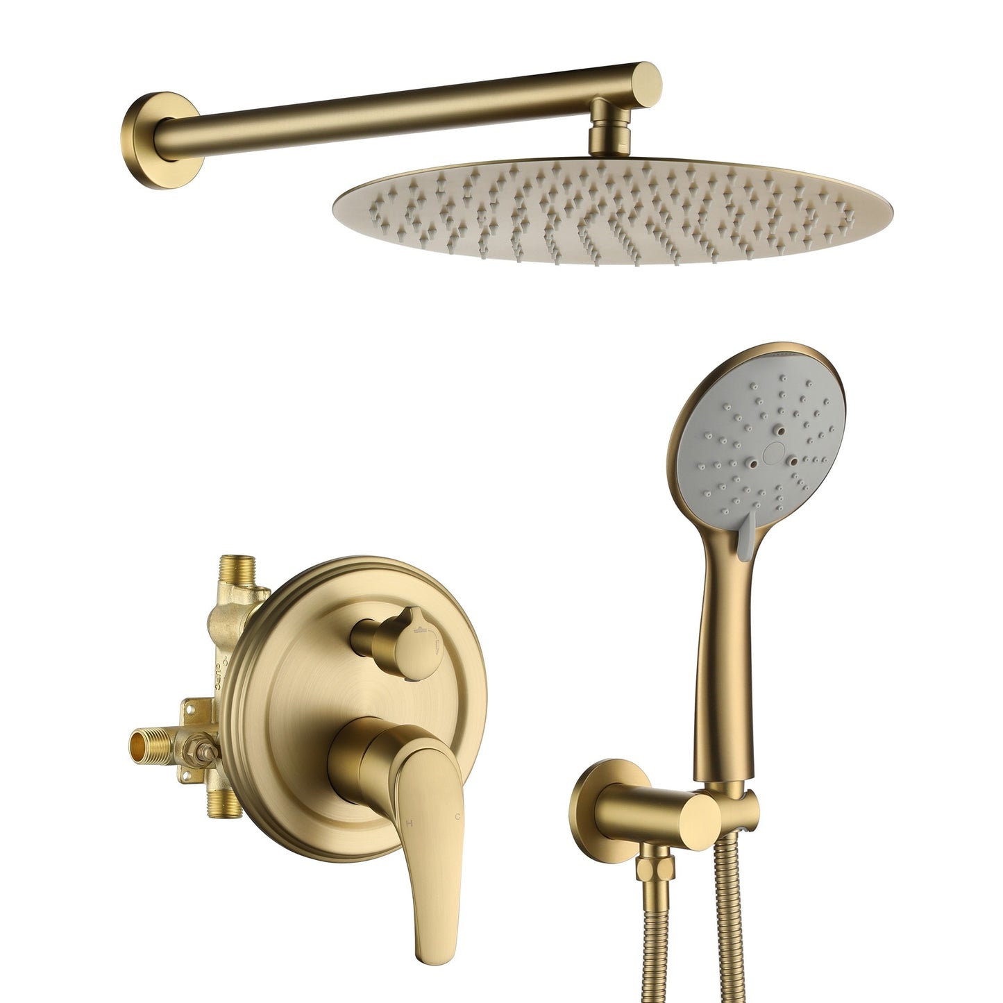 CASAINC 5 Spray Patterns with 12 inch Wall Mount Shower Heads Brushed Gold 12-in Built-In Shower Faucet System with 2-way Diverter ( Pressure-balanced Valve Included )