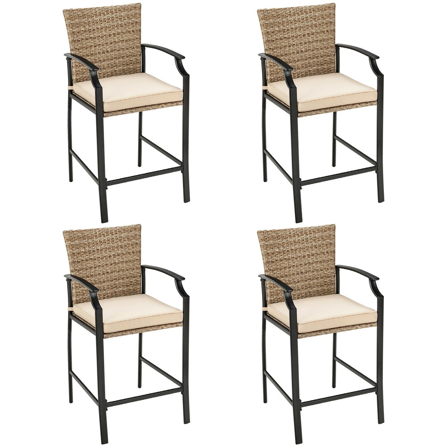 Patio Chairs Set of 4 Black Metal Frame Stationary Bar Stool Chair with Beige Cushioned Seat
