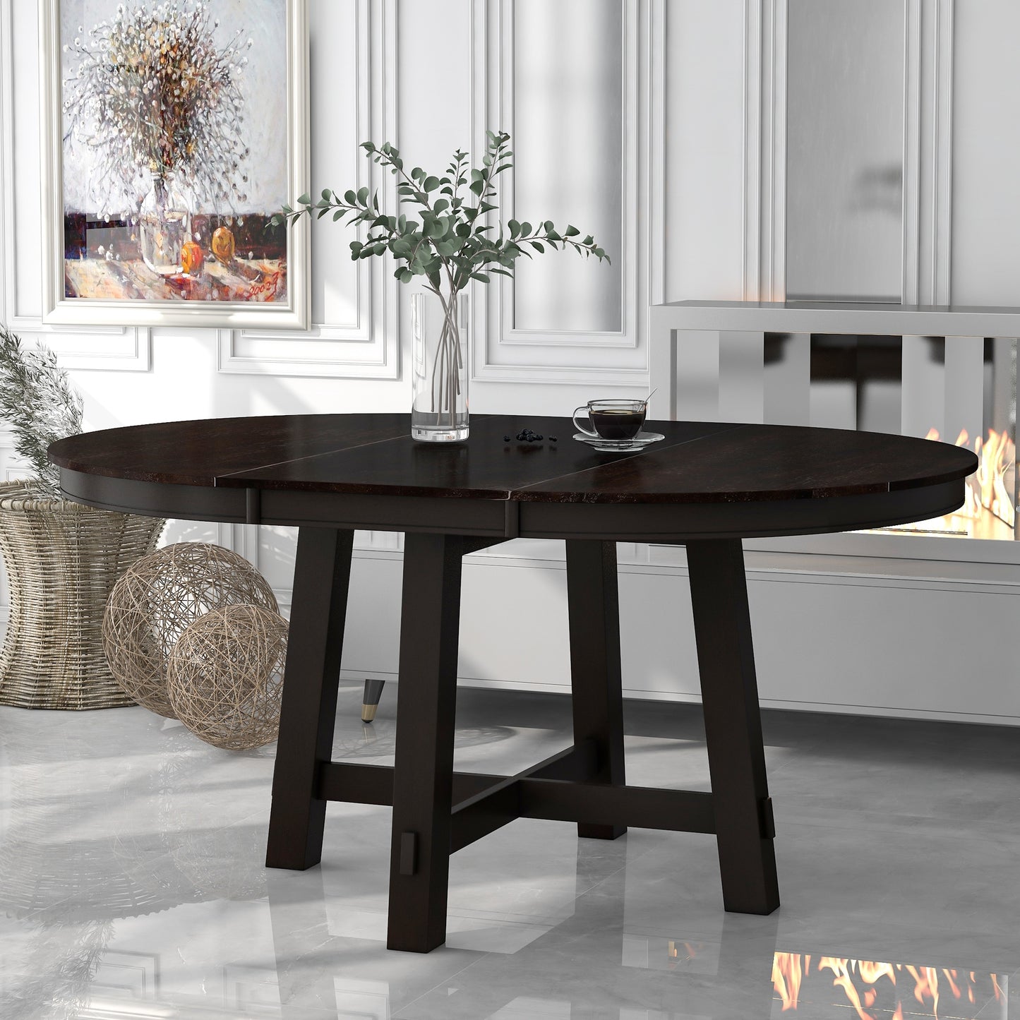 ModernLuxe Farmhouse Round Extendable Dining Table with 16inch Leaf Wood Kitchen Table Espresso