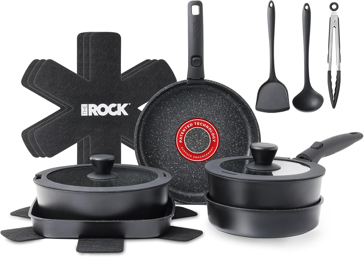 THE ROCK SMART SPACE 16pc Nonstick Pots and Pans Set with ROCK.TEC, Stackable Cookware Set with Detachable Handles, Scratch\/Stain\/Crack Proof, Induction Ready, Oven & Dishwasher Safe, PFOA-Free, Black