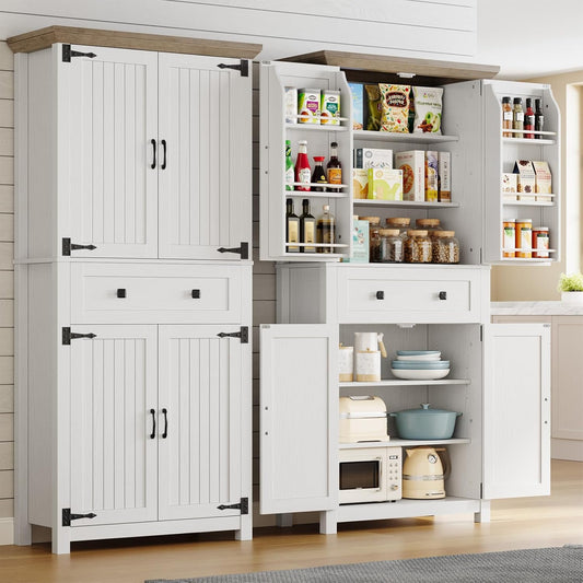Memobarco 72" Kitchen Pantry Cabinet,Tall Storage Cabinet with 4 Doors Shelves,2 Cabinets,Drawer,Adjustable Shelves,Freestanding Cupboard for Kitchen,Dining Room,Living Room,Laundry,White+Gray