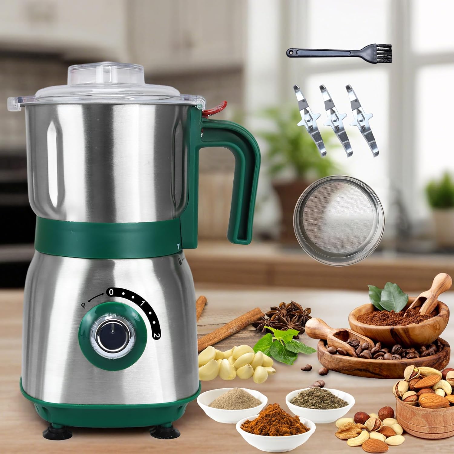 Spice Grinder Electric,Herb Nut Grinder for Kitchen,Detachable Espresso Grinder with Stainless Steel Blades,Filter and Brush, 500w Dry and Wet Grain Mill for Coffee,Rice,Bean,Seasoning(Green)