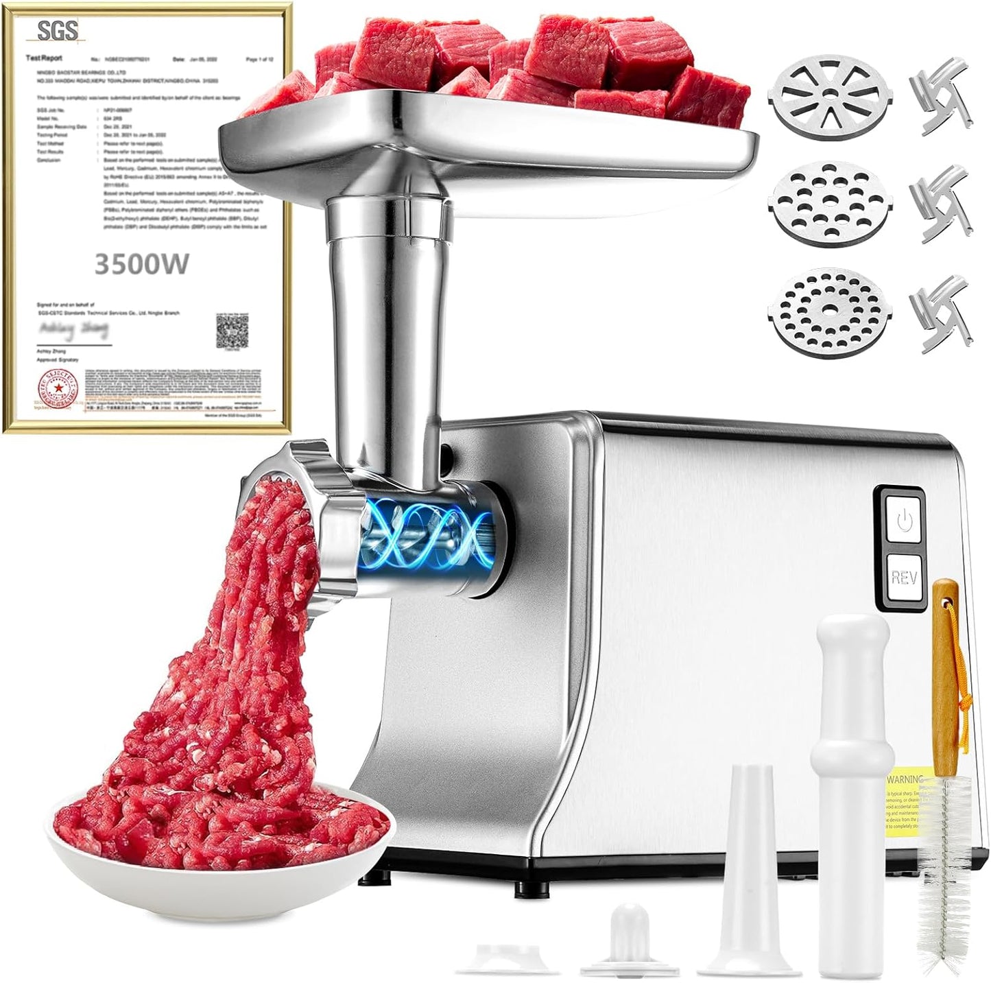 5.0 Upgrade Electric Meat Grinder【NO.1 Germany 3500W Super Motor】【SGS Certified SUS304 Blade & Plate】3-Second Fast Meat Grinding, Perfect For Meat Grinders For Home Use (SILVER)