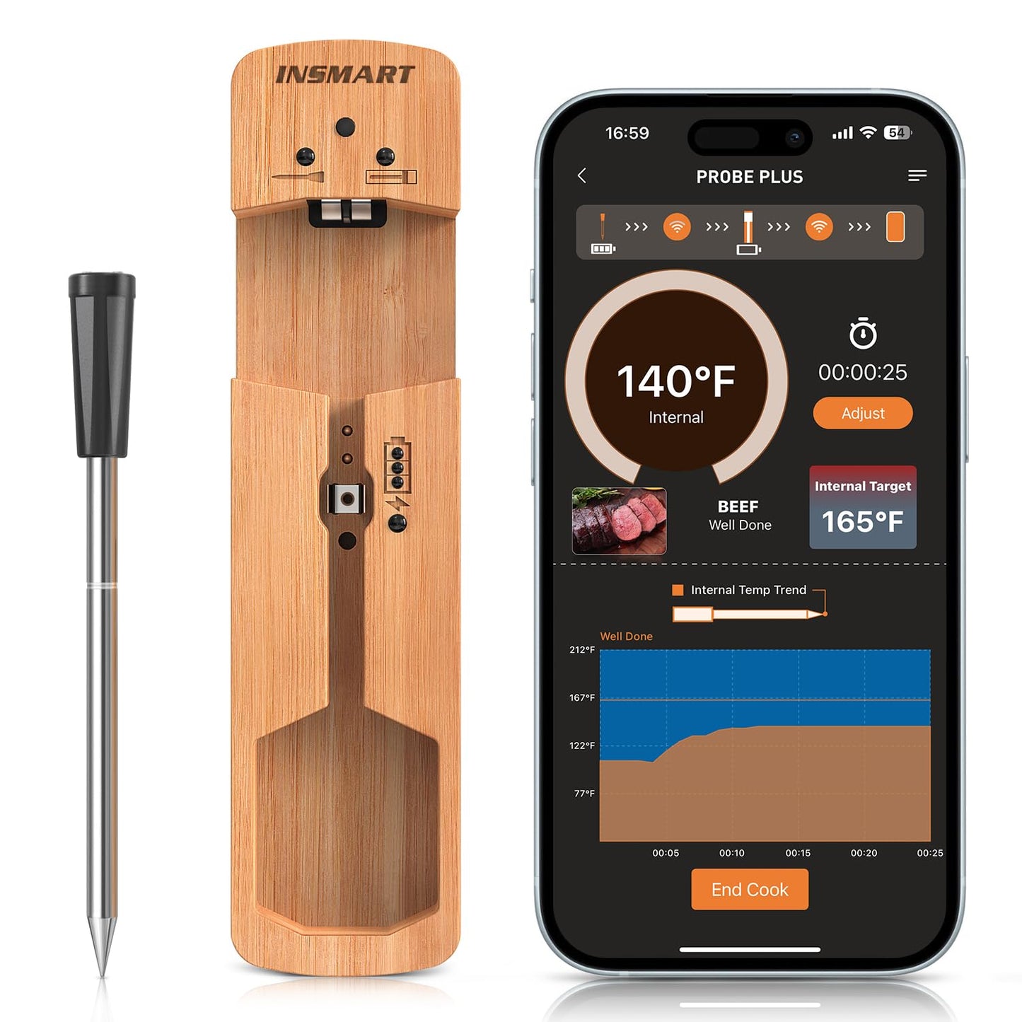 INSMART Wireless Smart Meat Thermometer,330FT Bluetooth Range,100% Waterproof,Precision Cooking Grilling,Multi Sensors,for BBQ,Oven,Grill,Kitchen,Smoker, Rotisserie Turkey Beef\/iOS & Android App
