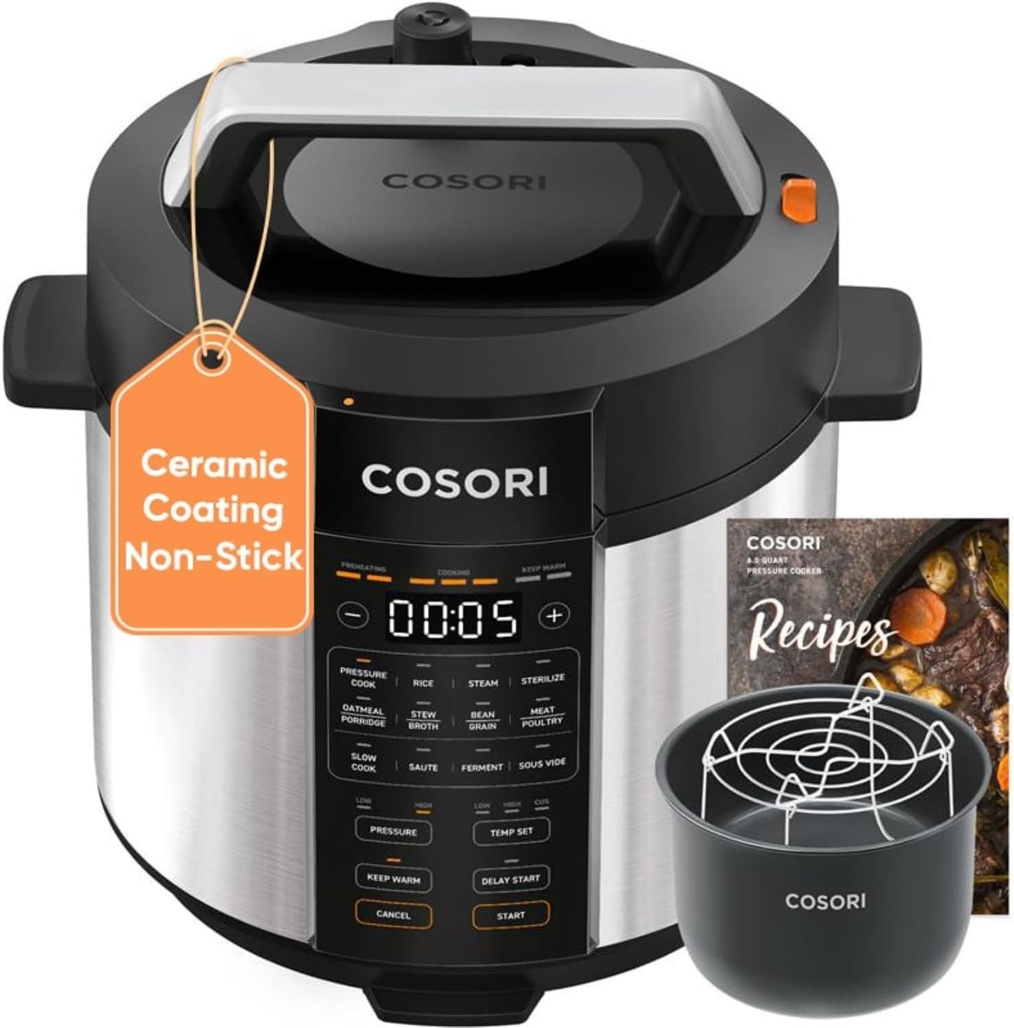 COSORI Pressure Cooker 6QT, Stainless Steel, 9-in-1 Multi Cooker, 12 Safety Features, Ceramic Inner Pot, Rice, Slow Cook, Sous Vide, Saute, 1100W