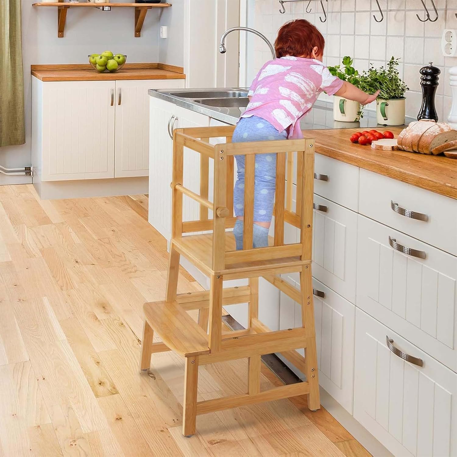COSYLAND Kids Kitchen Step Stool,Toddler Standing Tower with CPC Certification, Removable Anti-Drop Railing Safety Rail Enjoys Unique Patented Design A Anti-tip Structure More Stable, Natural Bamboo