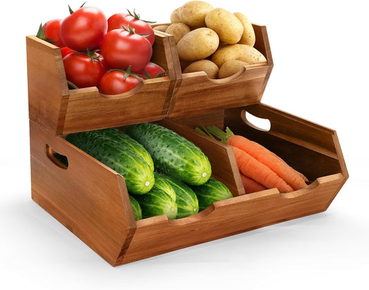 3 in 1 Acacia Wood Pantry Storage Bins for Kitchen(No installation Required)-Potato and Onion Storage Bins,2-tier Vegetable and Fruit Organizer with Anti-slip Mat,Stacking Bins for Kitchen & Pantry