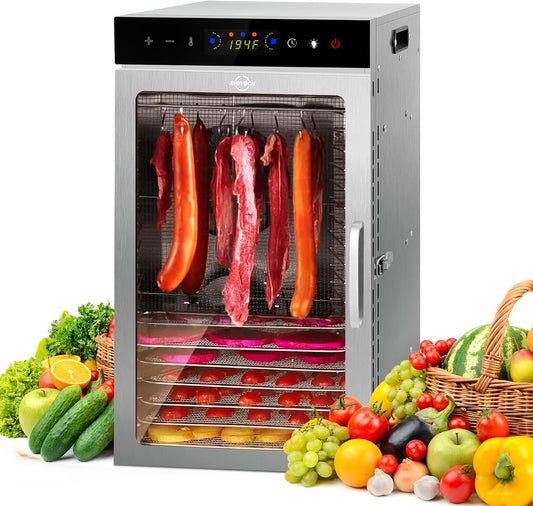 Commercial Food Dehydrator Machine 18-Tray, 86-194℉ Temperature Control, 800W Fast Drying Dehydrater, Low Noise <45dB, 24H Timer, LED Display, Stainless Steel Dehydrator for Meat Jerky Beef Fruit Herb