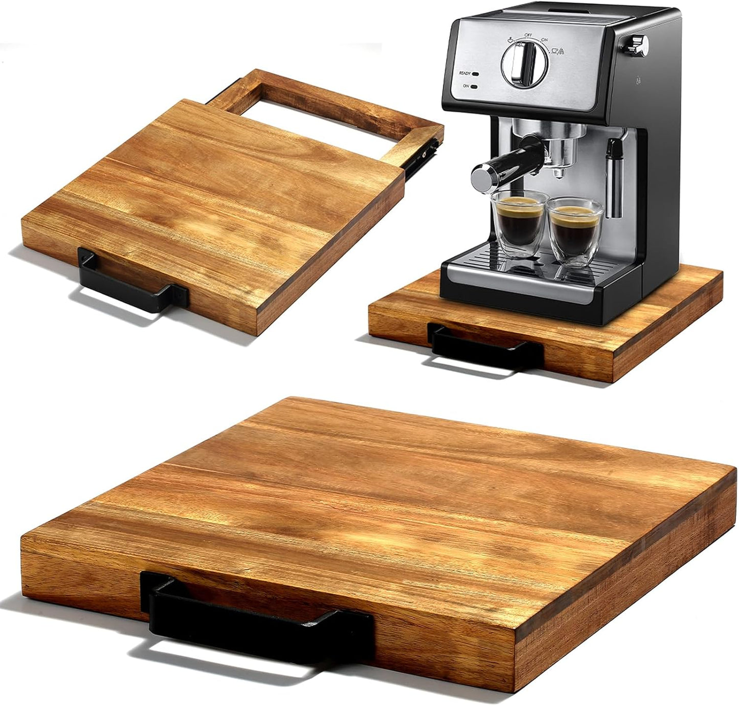 Natural Acacia Sliding Tray for Coffee Machine Kitchen Appliance slider Moving Caddy, appliance slider,appliance rolling stand air fryer rolling tray