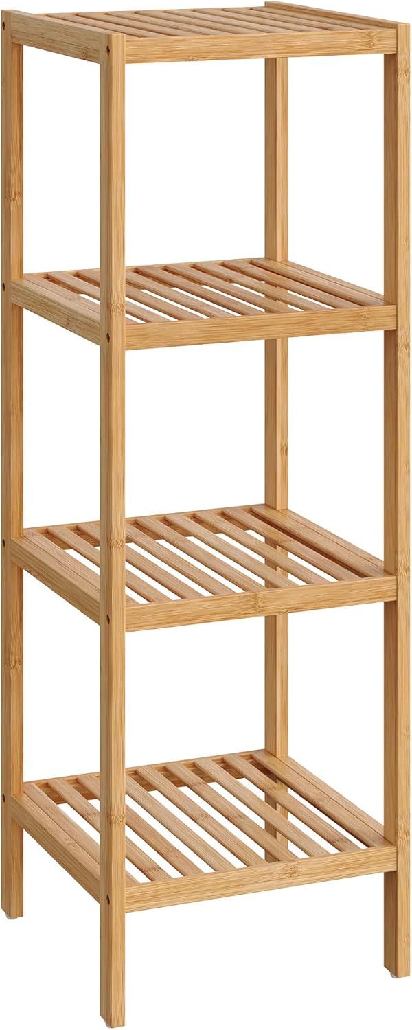 SONGMICS Bamboo Storage Shelf, 4-Tier Shelving Unit, Multifunctional, in the Entryway, Bathroom, Living Room, Balcony, Kitchen, 13 x 13 x 38.6 Inches, Light Bamboo UBCB54Y